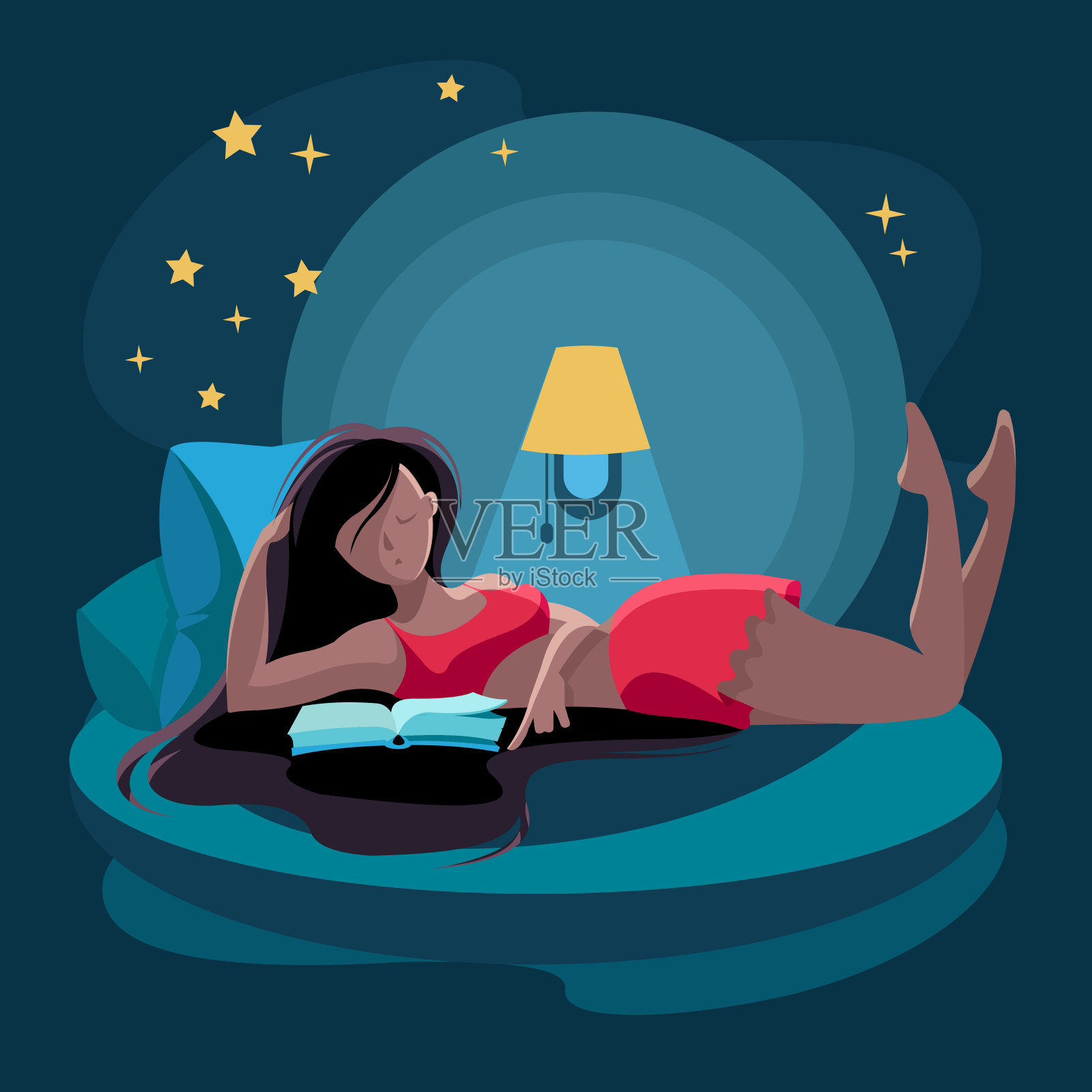 卡通色彩人物人物女人在床上阅读概念。向量插画图片素材