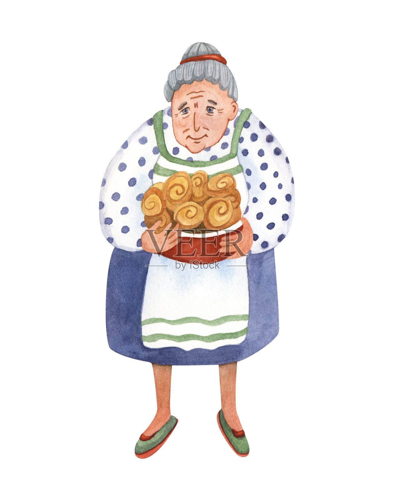 水彩画年长女子与甜面包。插画图片素材
