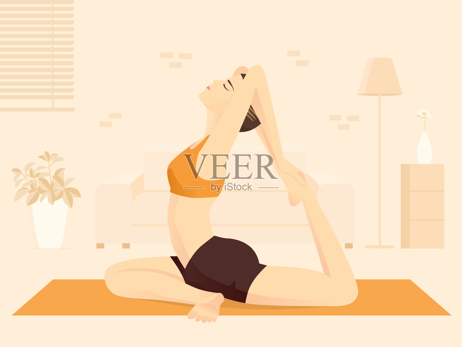 在家里的客厅里做瑜伽锻炼的女性。练习冥想的家庭健身新常态。插画图片素材