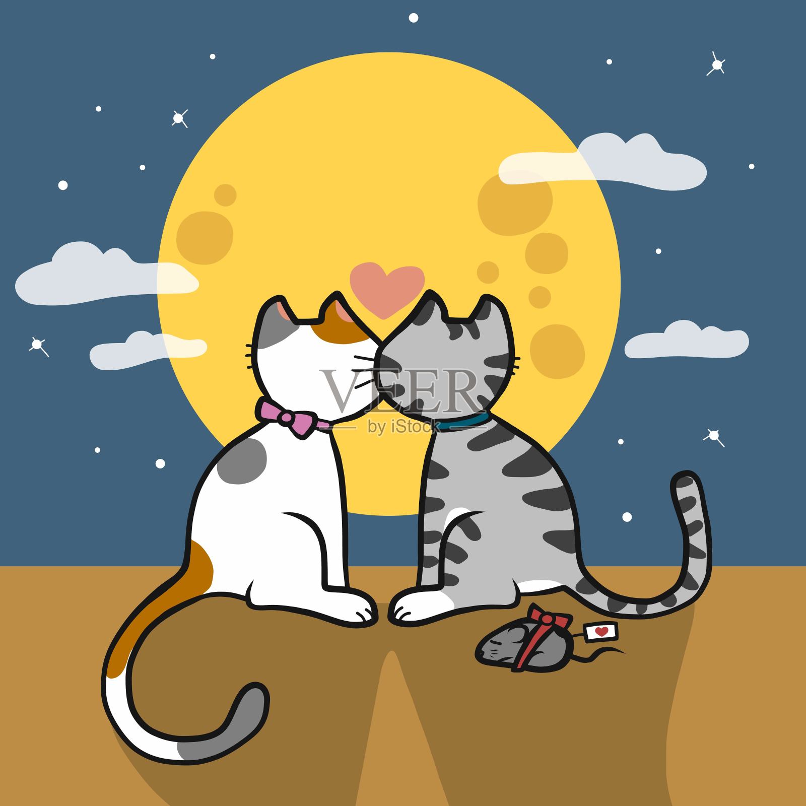 一对猫在满月下接吻卡通矢量插图插画图片素材