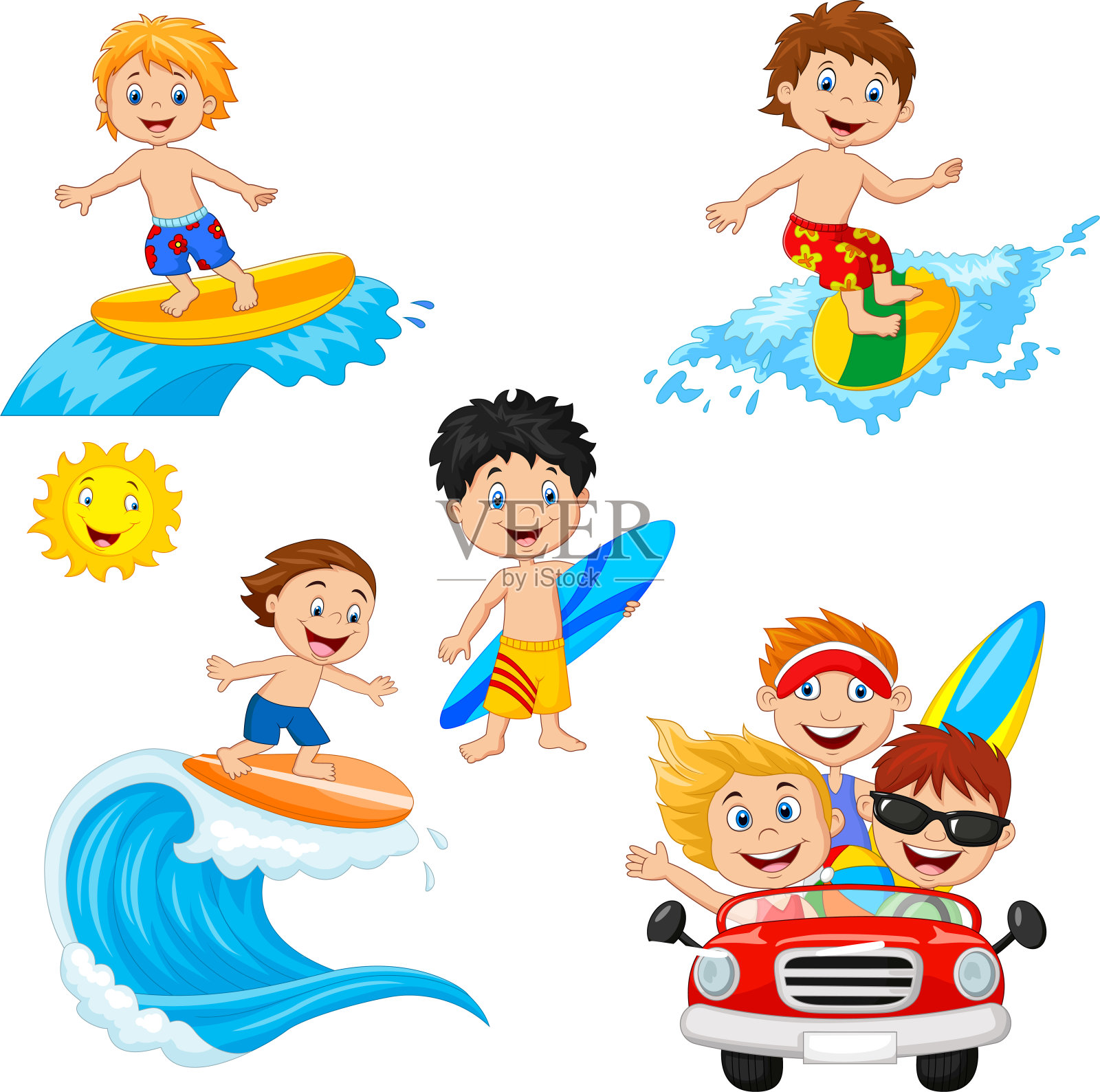 一组在海滩玩冲浪板的孩子插画图片素材