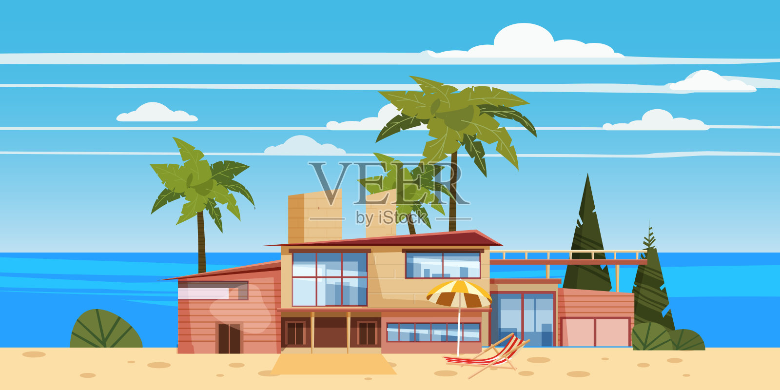 海滨海滨别墅别墅别墅，配有棕榈树和植物，海，海。现代建筑。阳光明媚的夏天风景，一天假期海边。矢量模板旗帜孤立插图插画图片素材