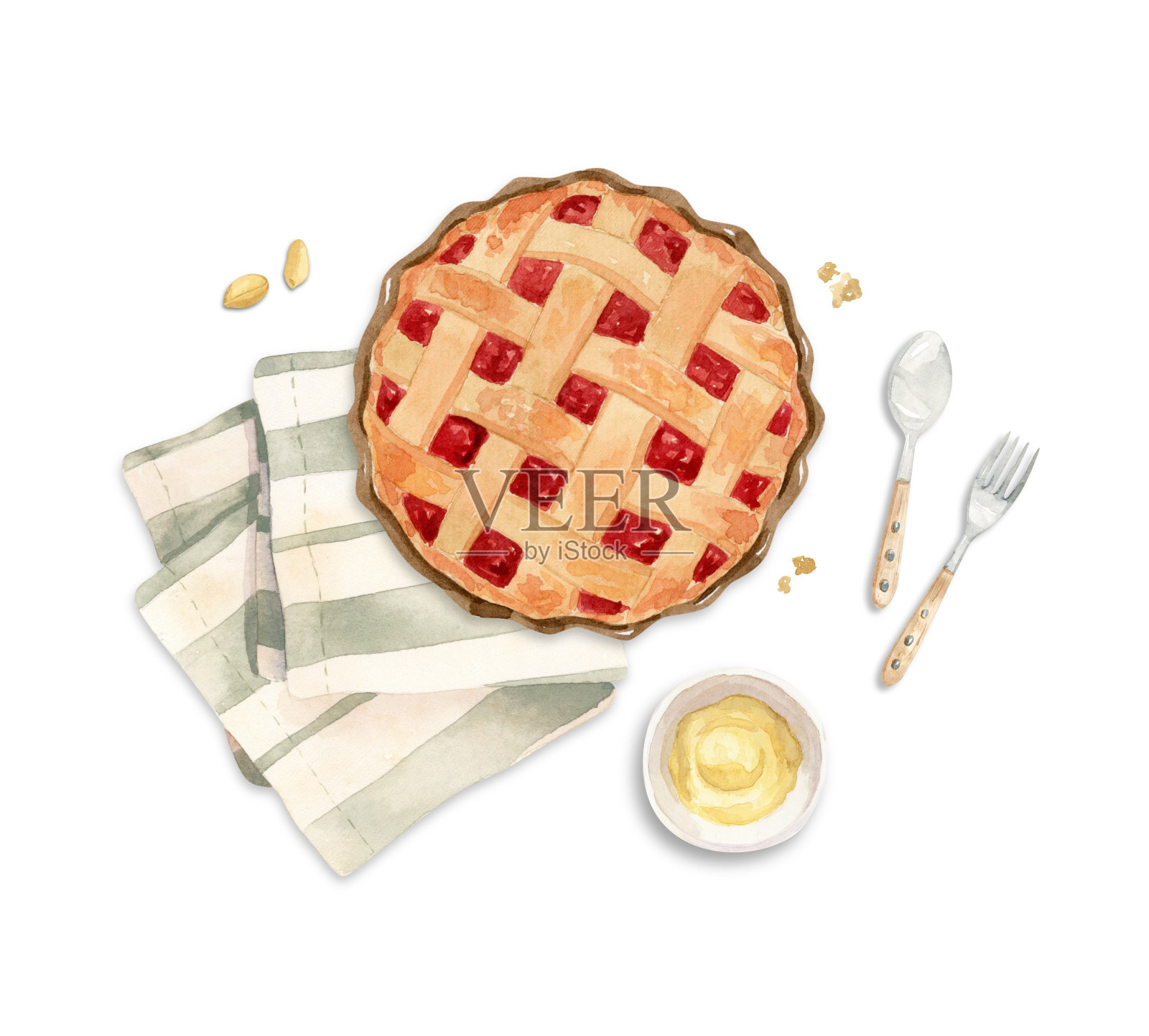 插图-浆果派在茶巾上，奶油，黄油插画图片素材