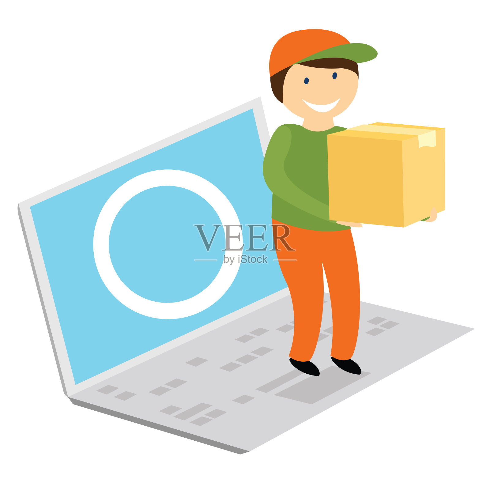 送货员拿着装着包裹的箱子。一个男人送包裹。订购产品在线交付。平面矢量插图孤立在白色背景。设计元素图片
