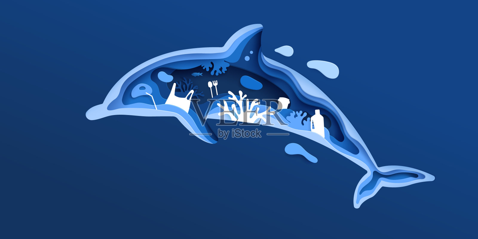 海洋塑料污染概念。剪纸海豚与塑料垃圾，鱼，泡沫和珊瑚礁孤立在经典的蓝色背景。拯救海洋的理念。纸艺术矢量图插画图片素材