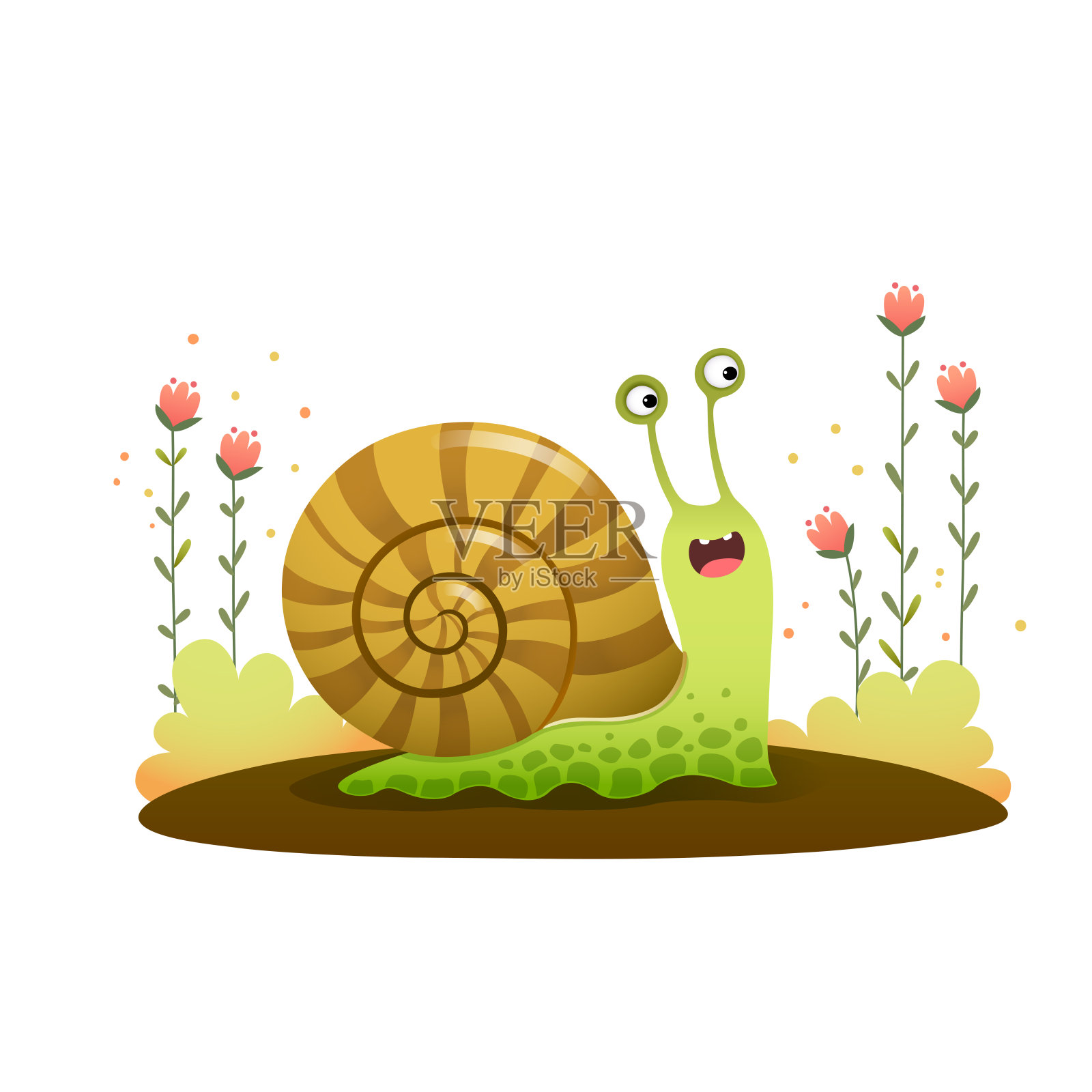 矢量插图可爱的卡通蜗牛爬在花园的白色背景。插画图片素材