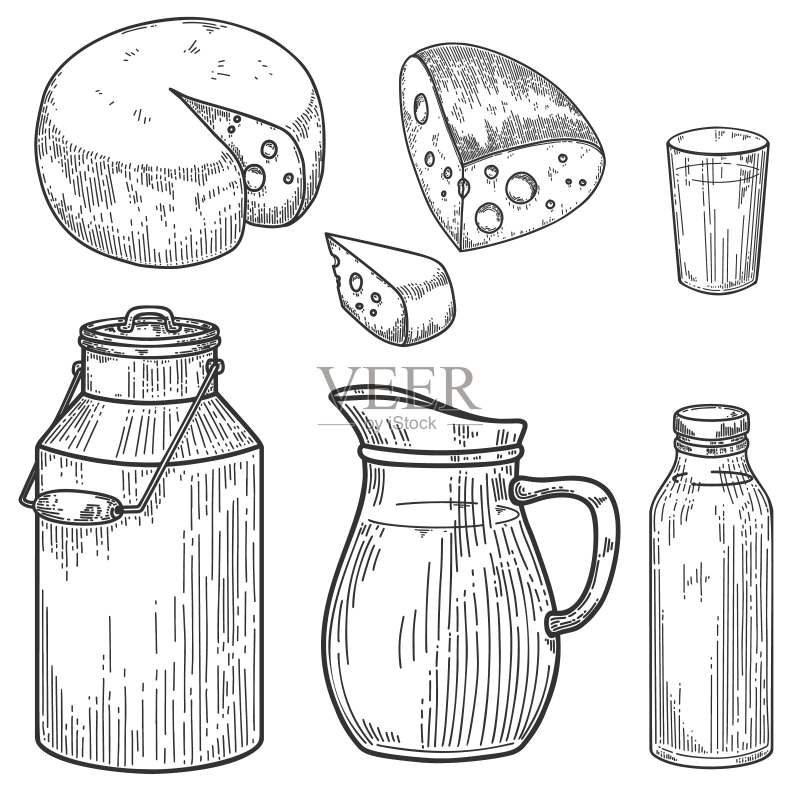 雕刻风格的牛奶瓶、奶酪插图。农业乳制品。设计元素的标签，徽章，标志，徽章。矢量图设计元素图片