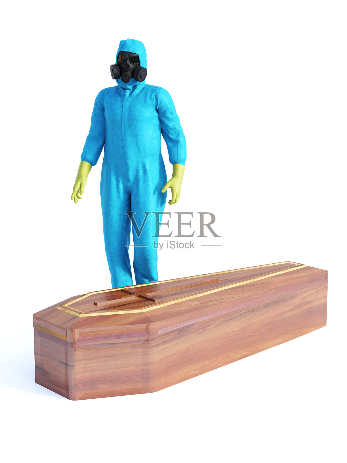 人在危险防护服与棺材的3D渲染。照片摄影图片