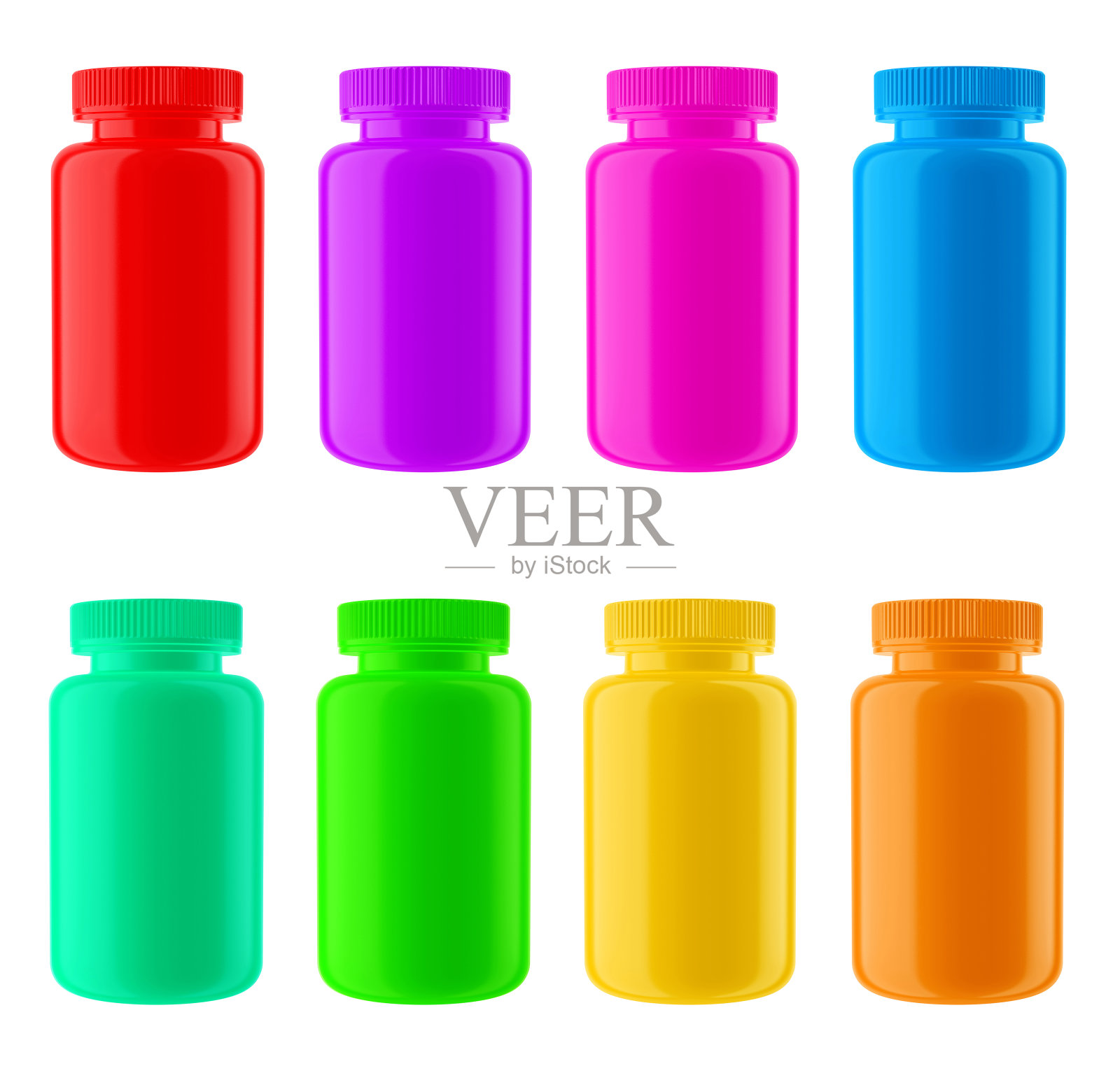 光滑塑料瓶盖8多色设置，孤立在白色背景。插画图片素材