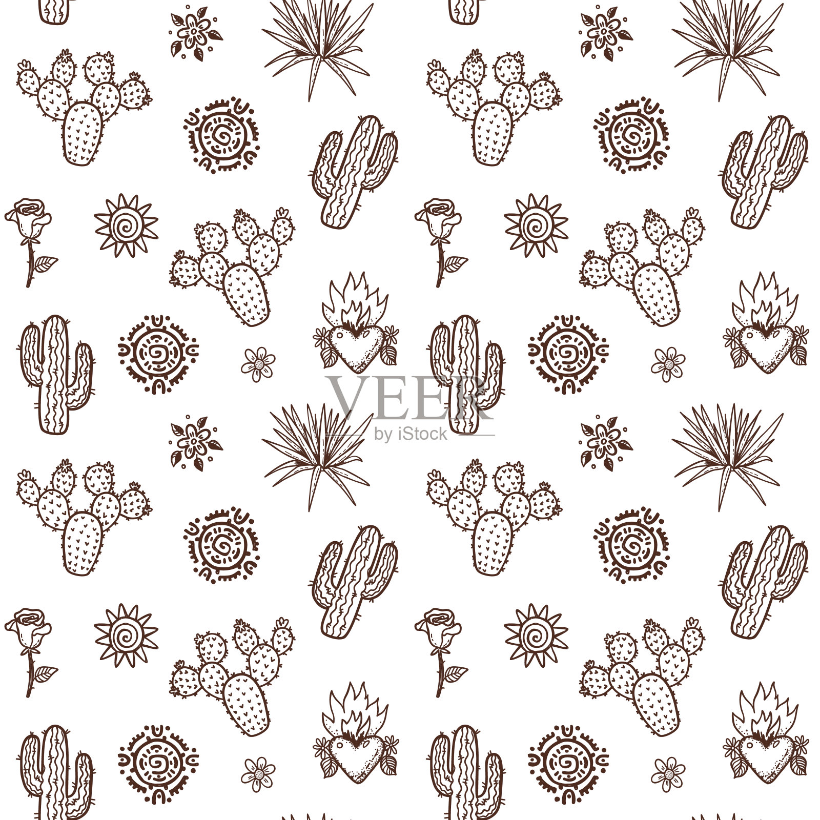 无缝矢量图案手绘仙人掌植物，龙舌兰和墨西哥装饰插画图片素材
