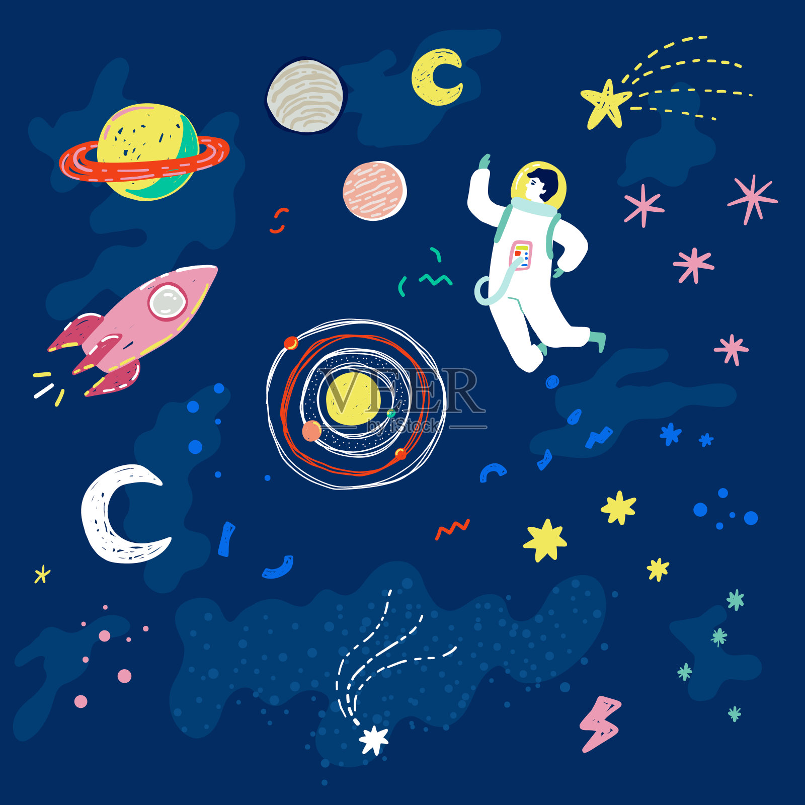 时尚复古的90年代风格矢量插图与卡通星星，行星，月球，宇宙飞船和宇航员。插画图片素材