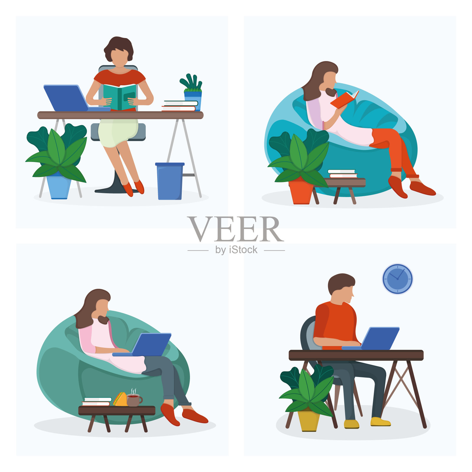 女人和男人坐在工作场所的桌子，休息软袋椅上隔离在白色，平面矢量插图。设定卡通设计理念。插画图片素材
