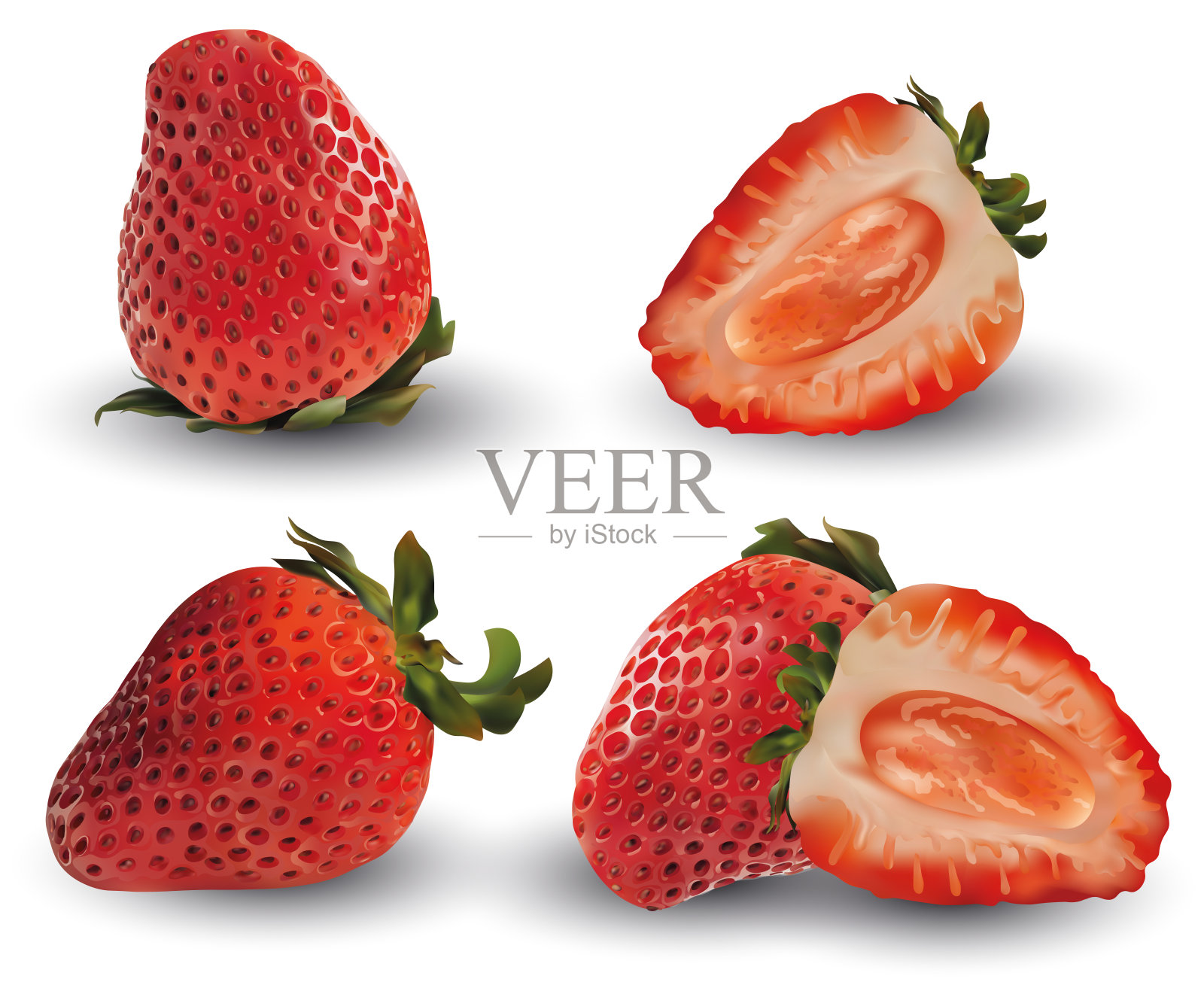 一组草莓与树叶在白色的背景。草莓是整个的，切成两半。新鲜成熟的有益草莓富含维生素，是天然产物。现实的例子。插画图片素材