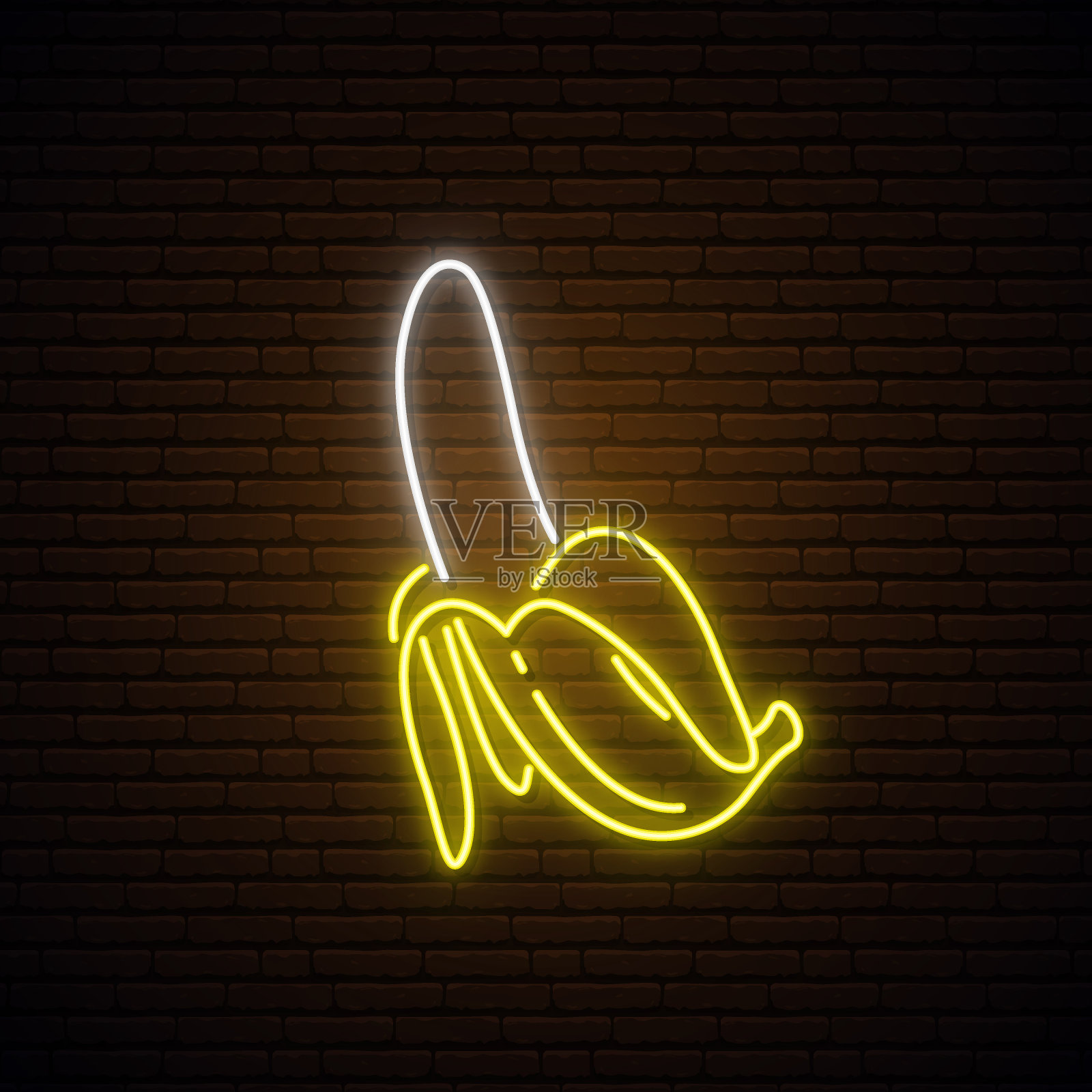 霓虹灯香蕉的迹象。明亮的发光香蕉水果图标在黑暗的砖墙背景。股票矢量插图。插画图片素材