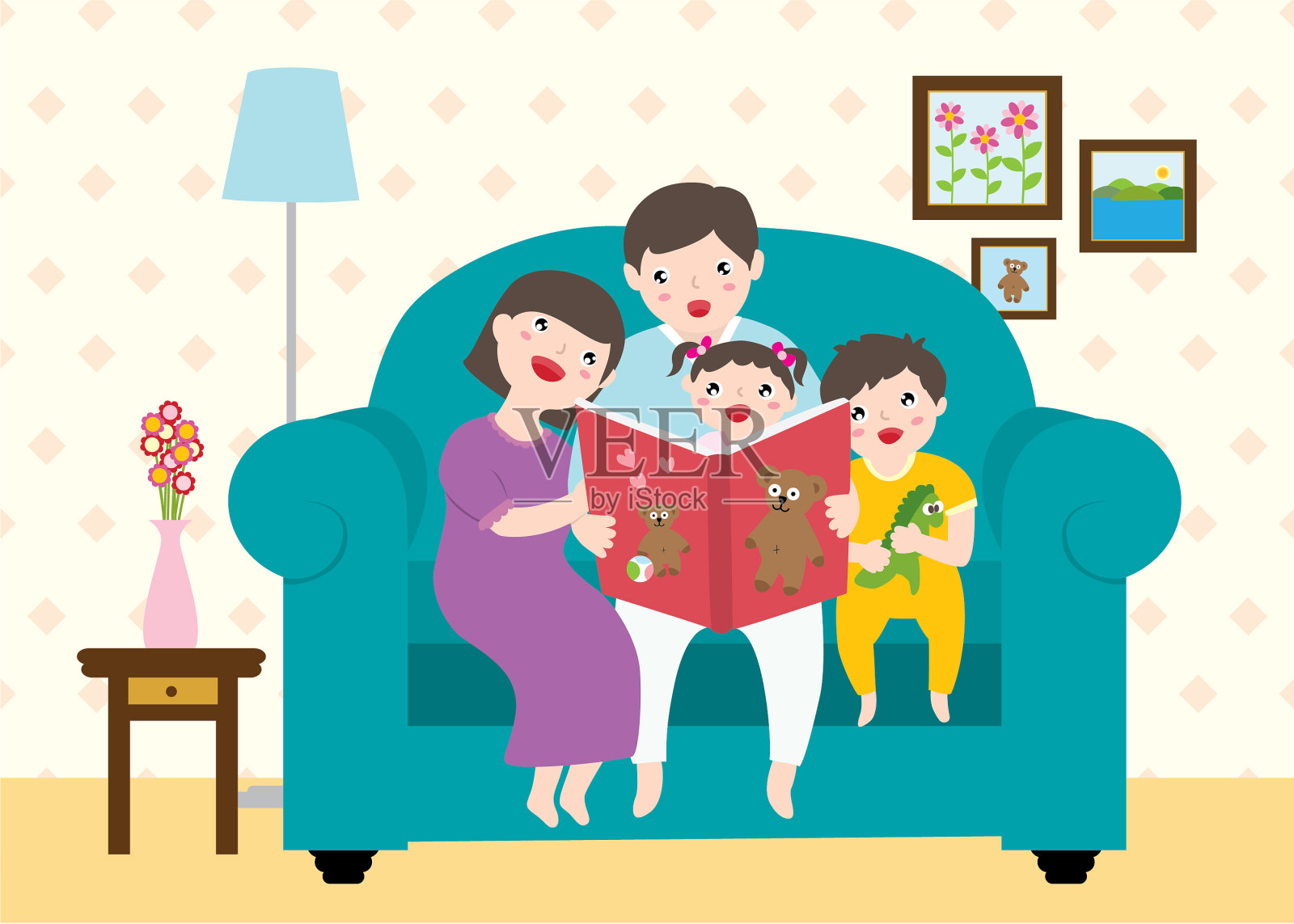 一个可爱的家庭，两个孩子一起坐在沙发上。爸爸在给孩子们读一本书。矢量平面卡通插图。插画图片素材
