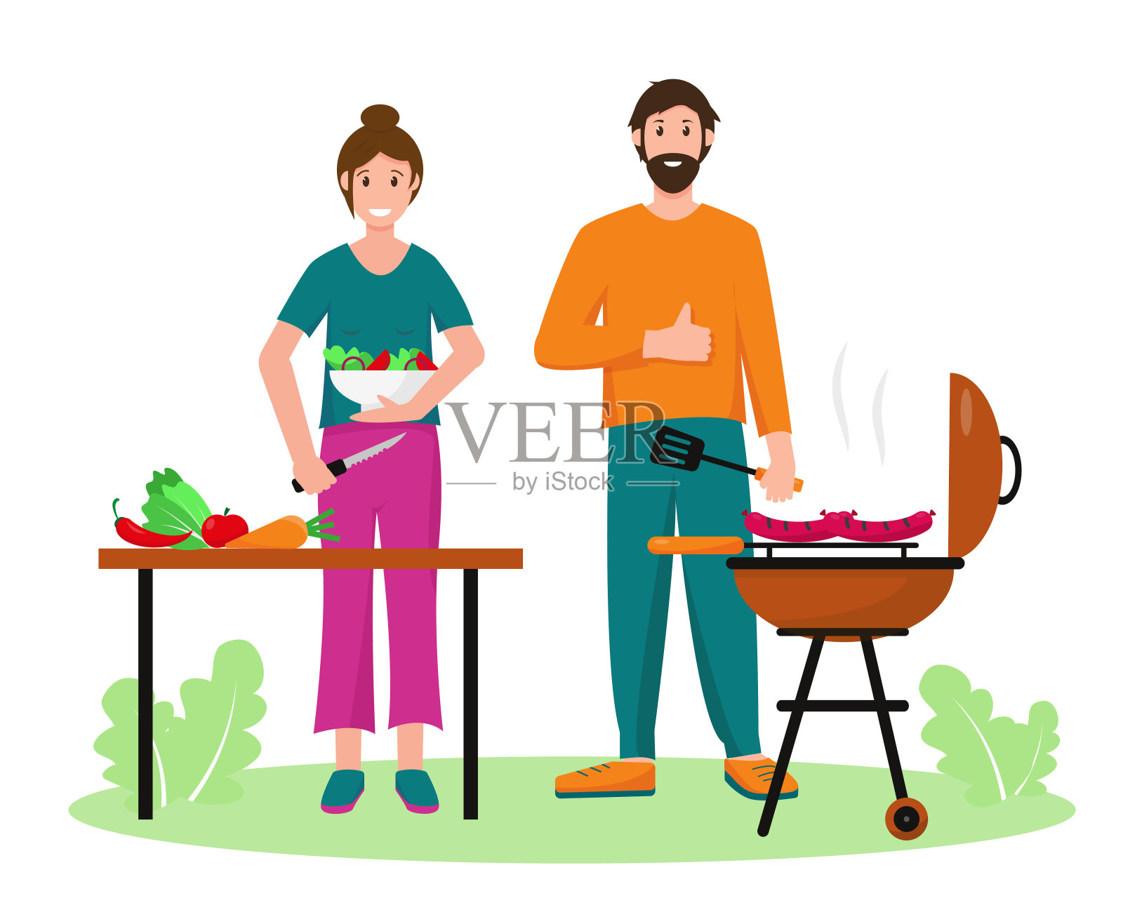 男人和女人在花园里或公园里做饭。男人吃烧烤，女人吃蔬菜和沙拉。春季或夏季自由时间概念，旗帜或背景矢量插图。插画图片素材