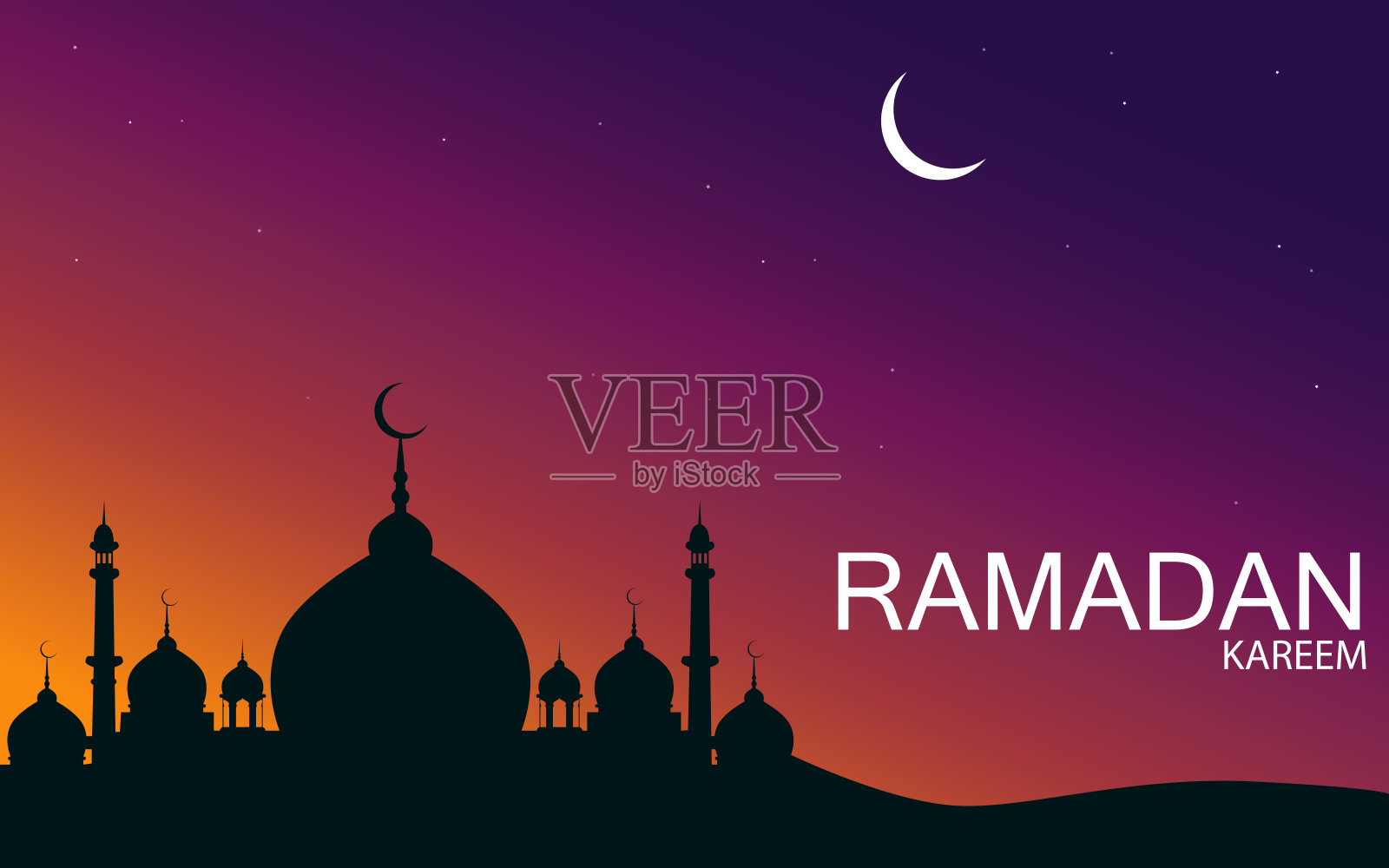 一个清真寺和拉姆丹卡里姆月亮在天空的背景插画图片素材