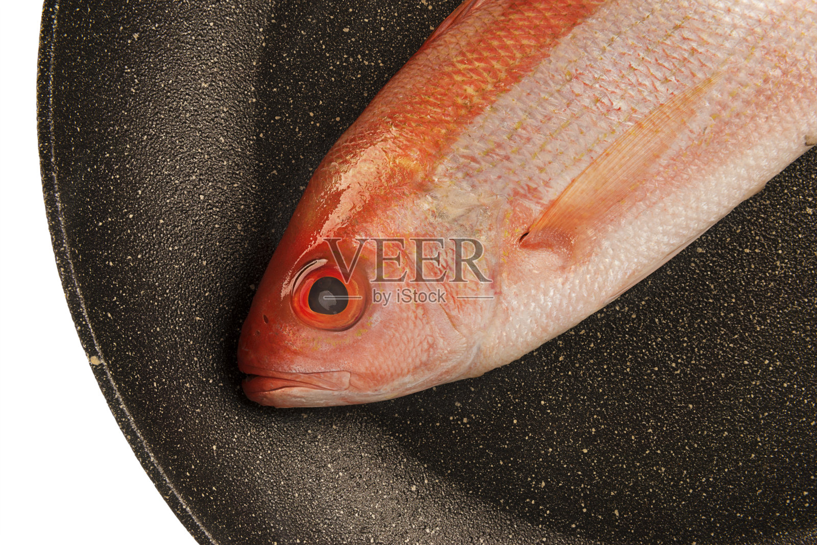 红鲷鱼生鱼被隔离并弃置于煎锅内。照片摄影图片