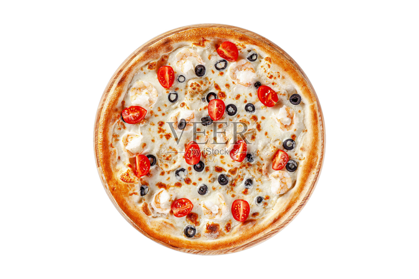 意大利菜。圆形的薄披萨放在木板上，以白色为背景。图像是孤立的。前视图。照片摄影图片