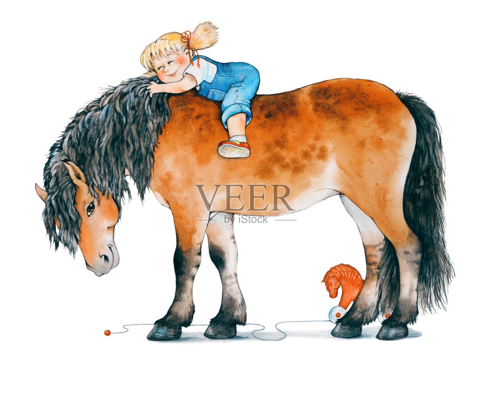 小女孩骑着一匹栗色的马。快乐的夏天。水彩儿童插图。插画图片素材