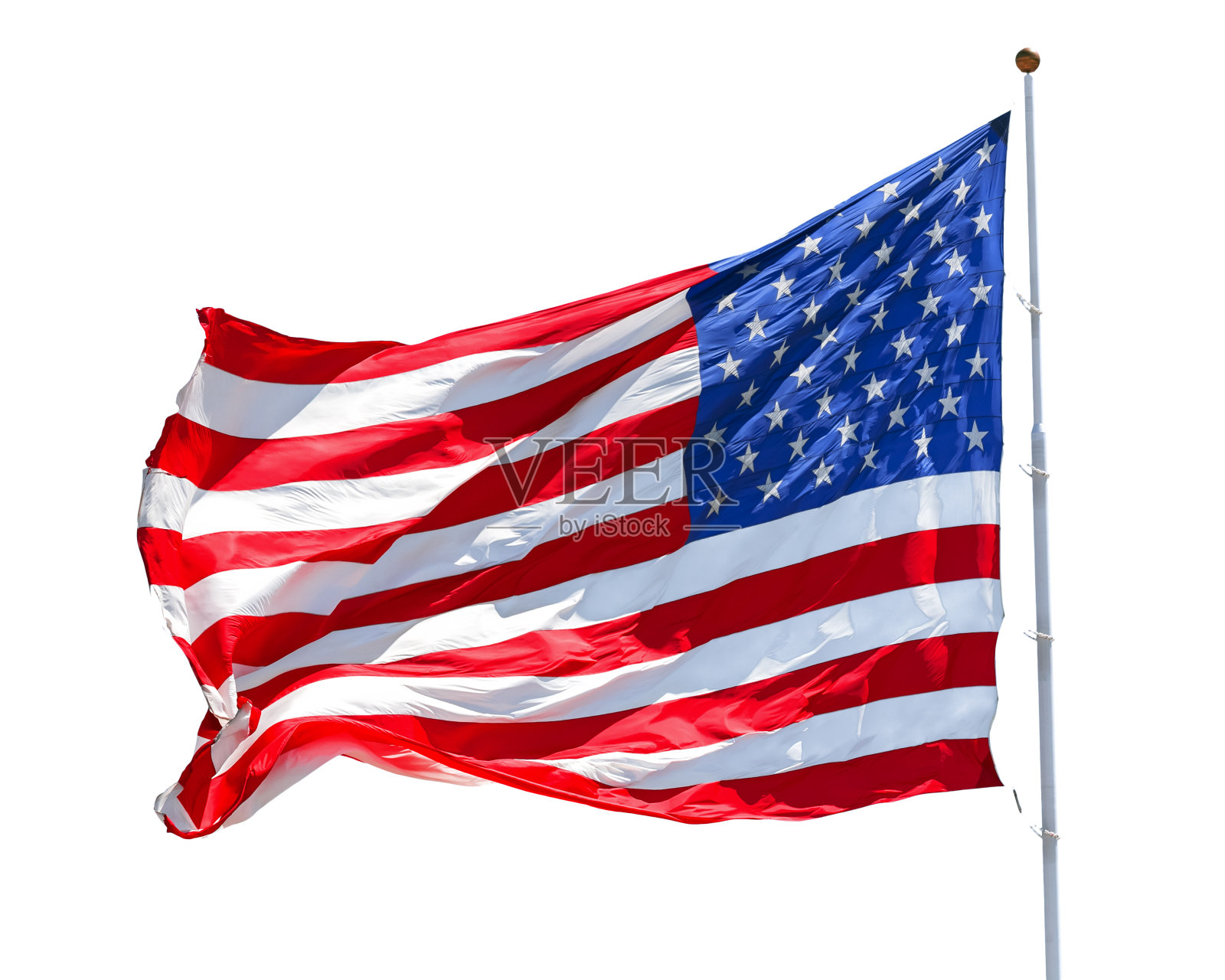 美国国旗在风中飘扬，孤立在白色背景上照片摄影图片