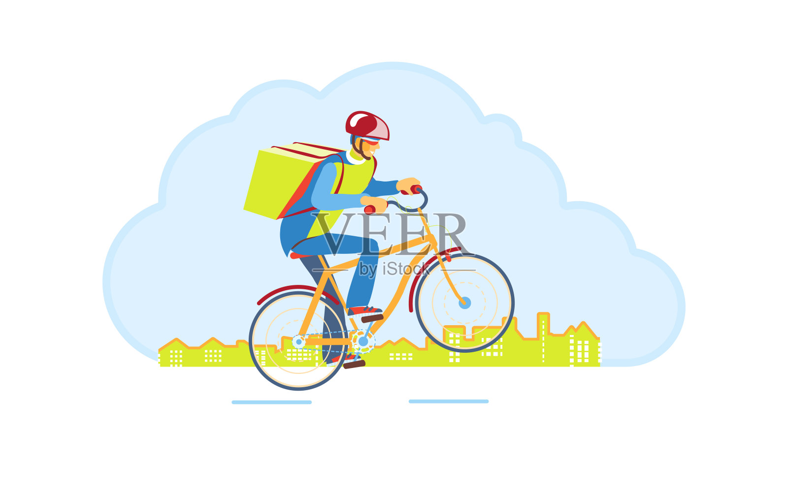 快递员提供快速快递服务。自行车快递，快递在线订餐手机应用。骑自行车的人，背包上的包裹盒子在城市里送食物。生态快递快递服务设计元素图片