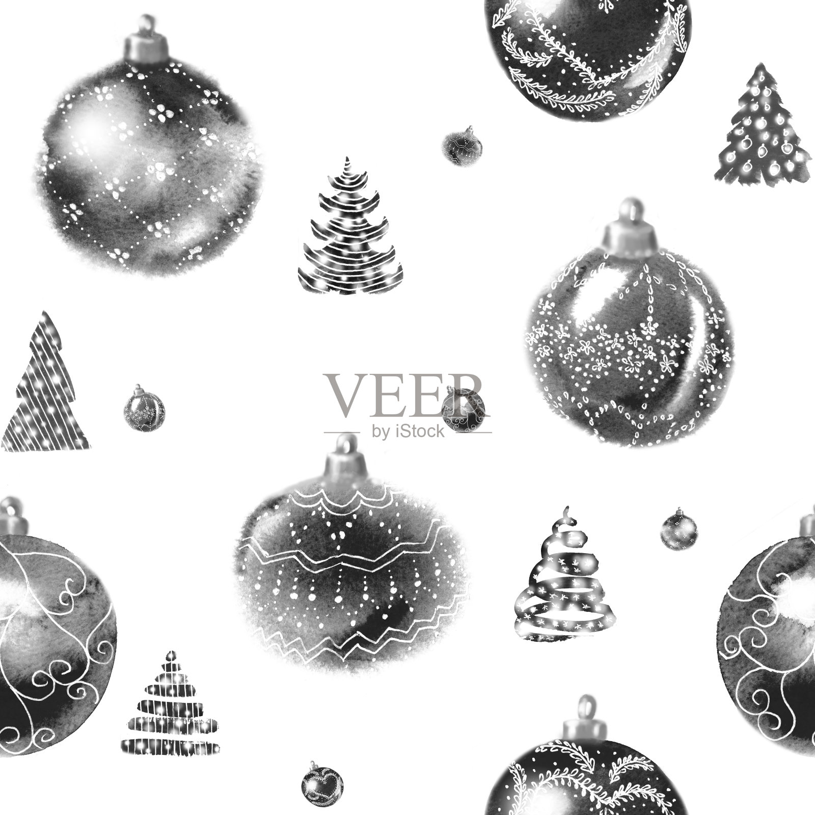 无缝的黑色和白色图案从闪亮的圣诞树球与装饰品和小圣诞树。插画图片素材