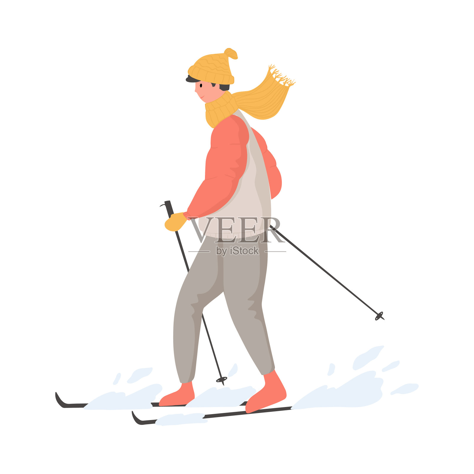 年轻快乐的男人在冬天穿在雪地上滑雪矢量平面卡通插图。设计元素图片