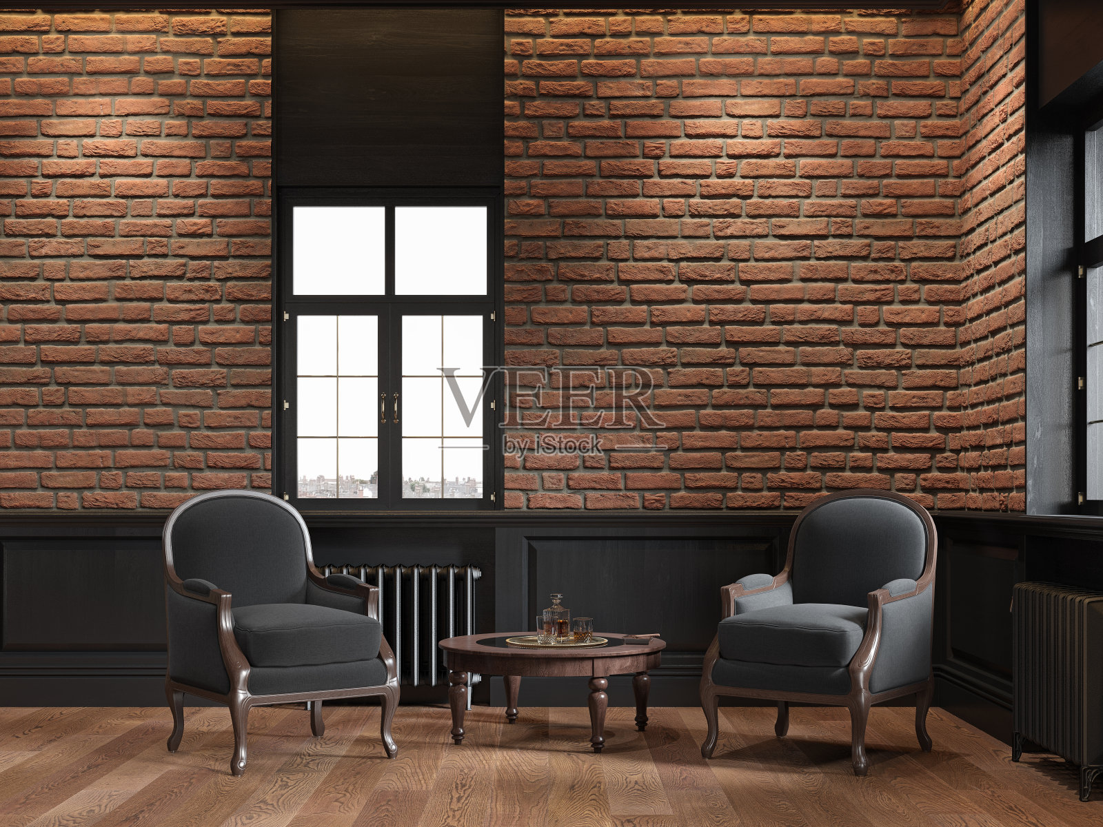 阁楼内部与砖墙和扶手椅。3d渲染插图模拟。照片摄影图片