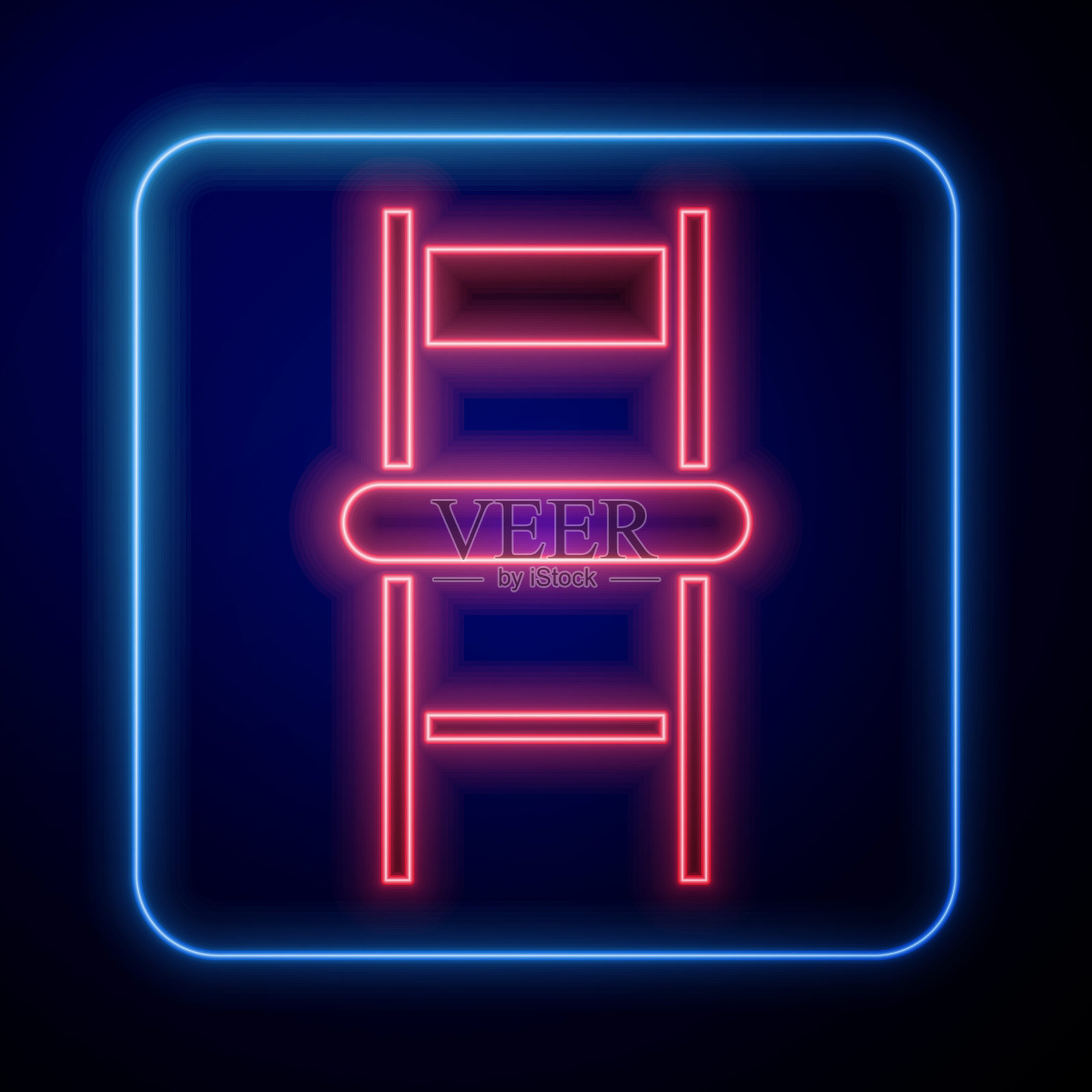 发光的霓虹灯椅子图标孤立在蓝色背景。矢量图插画图片素材