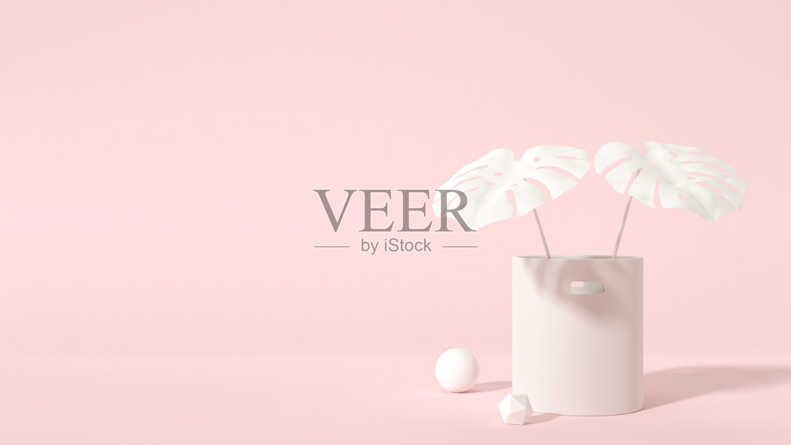 热带树叶，粉红背景的花瓶模型，极简的夏日构图，文字空间。几何形状，白色热带树叶，现代创意3d渲染插图。女性的室内空间。照片摄影图片