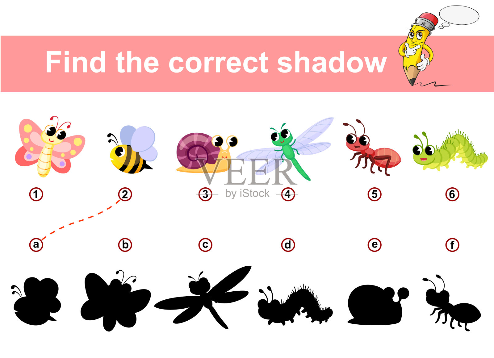 找到正确的影子。孩子的教育游戏。昆虫。蝴蝶，蚂蚁，蜜蜂，蜗牛，毛毛虫，蜻蜓插画图片素材