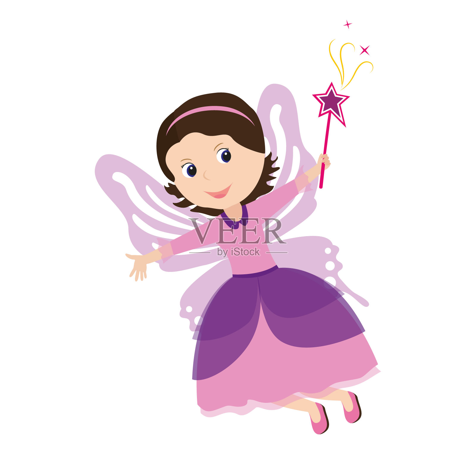 可爱的小仙女。穿着仙女服装拿着魔杖的女孩。矢量插图。插画图片素材