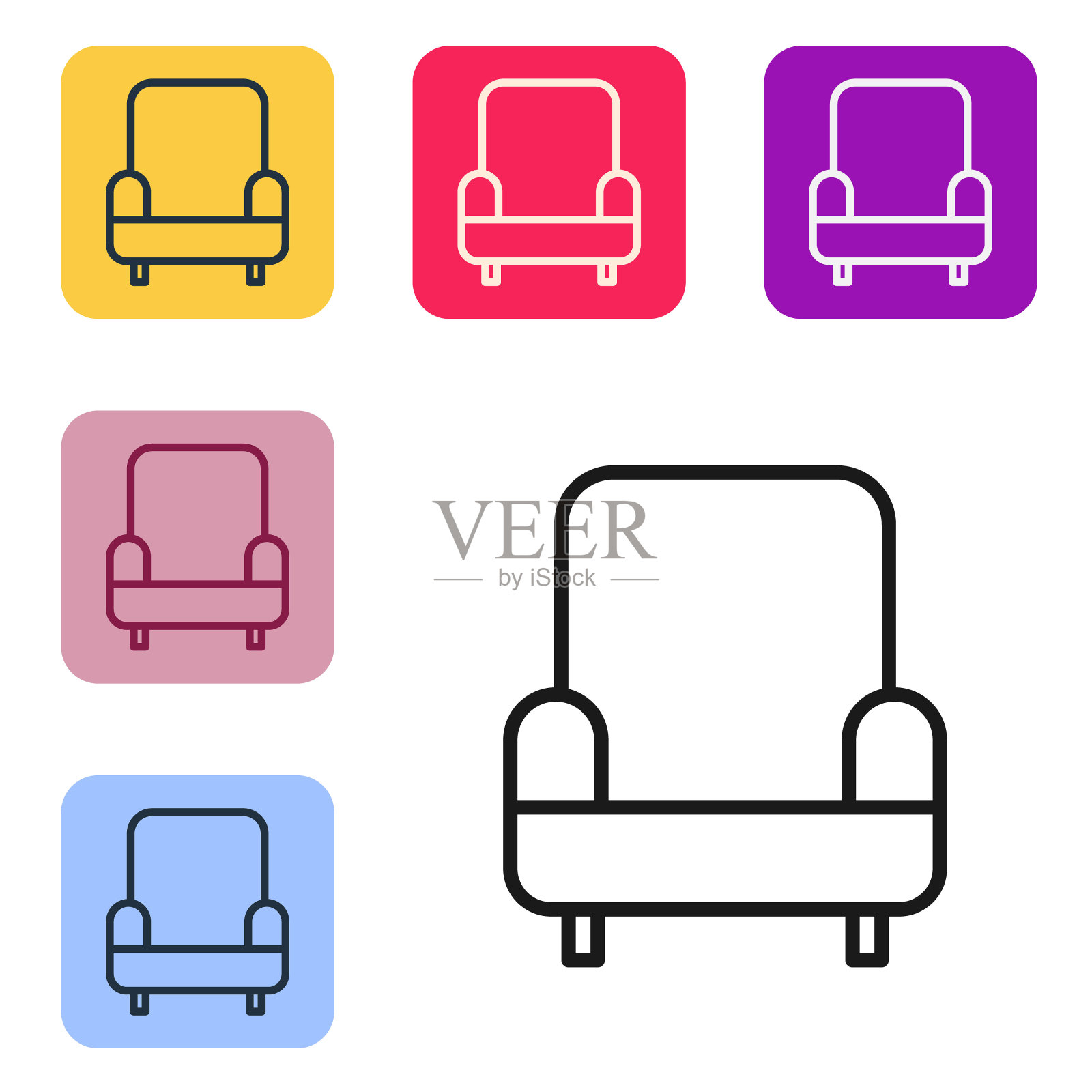 黑色线条扶手椅图标孤立的白色背景。设置图标的颜色方形按钮。矢量图图标素材