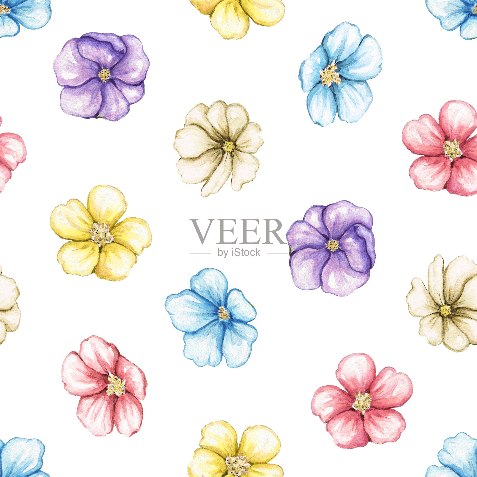水彩无缝图案与多色紫罗兰花插画图片素材