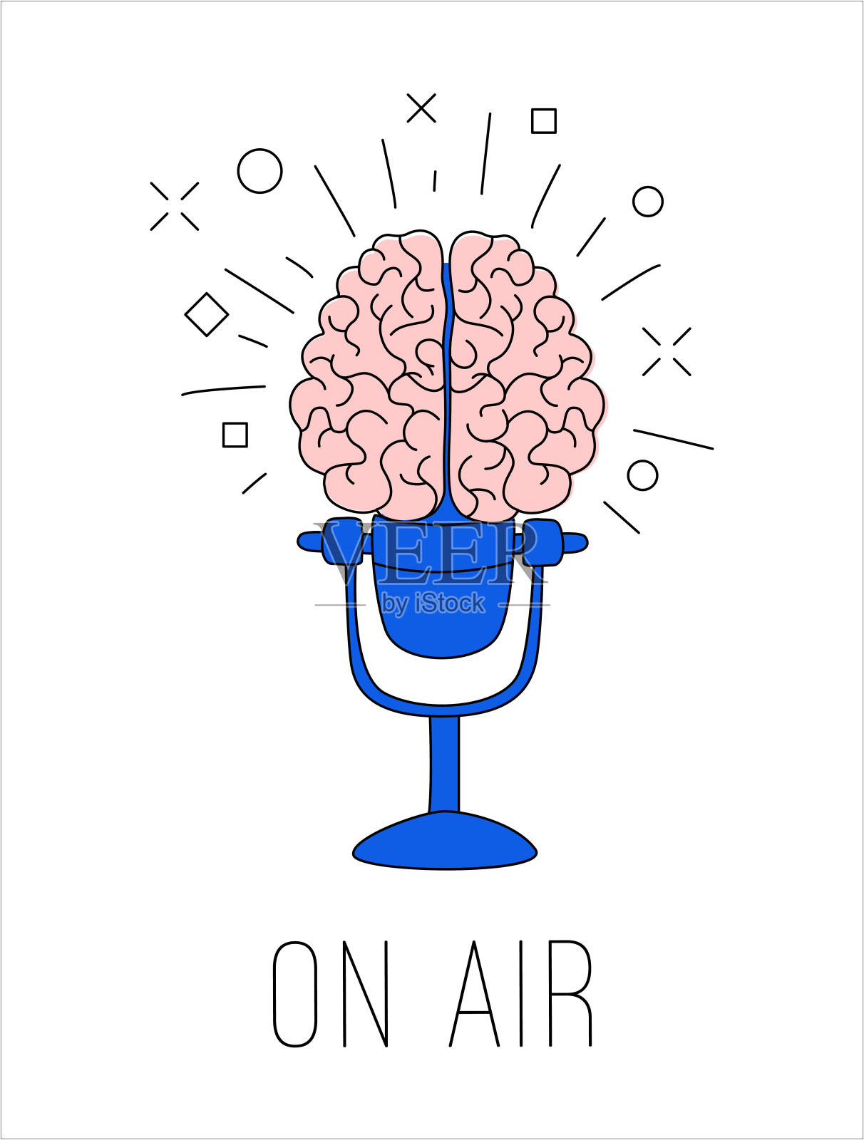 标志播客电台广播。大脑与麦克风播放按钮的背景。插画图片素材