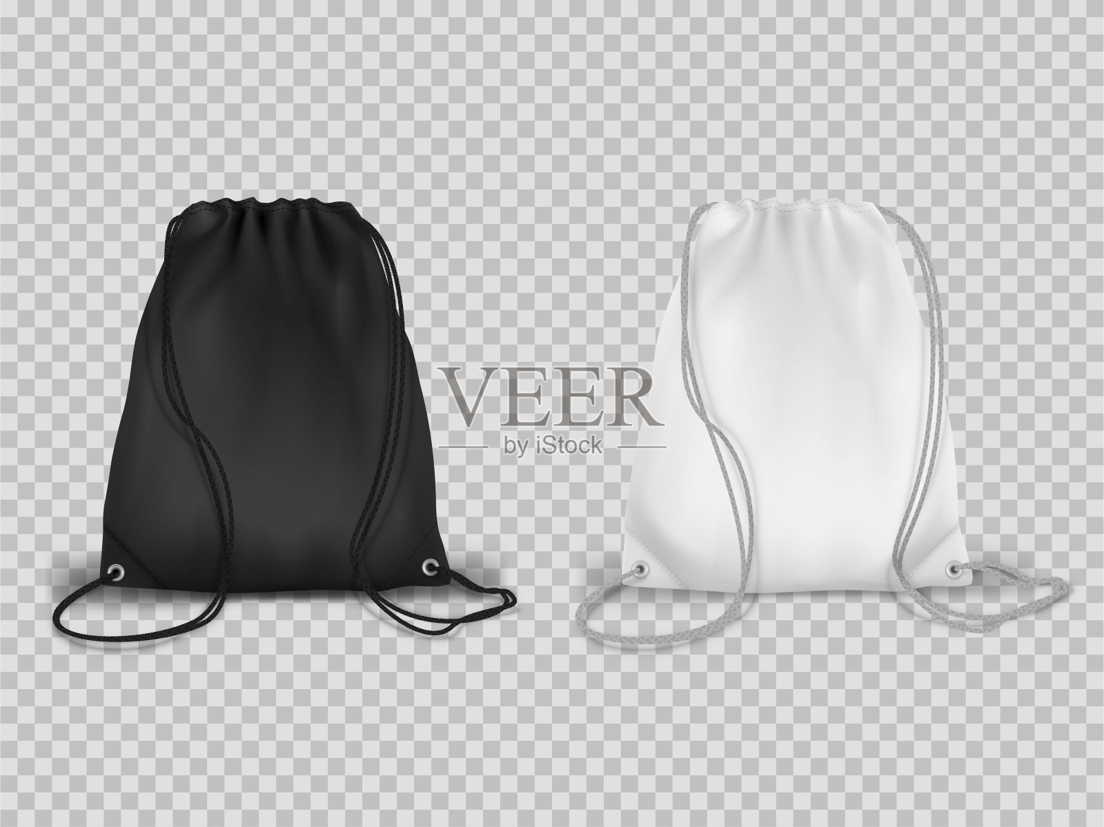 运动拉绳背包现实的设置。黑色和白色的手提袋。设计元素图片