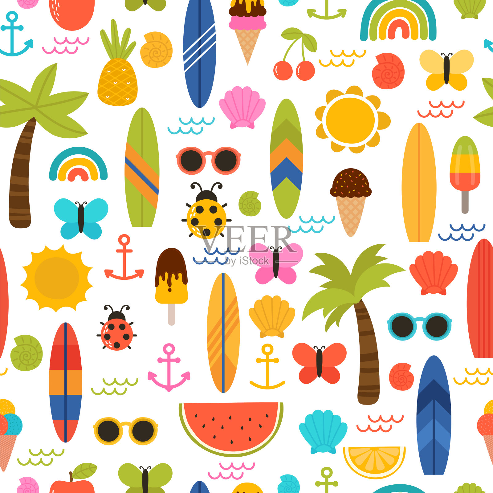 夏日无缝模式与冲浪板，棕榈树，锚，太阳镜和贝壳。可爱的背景为纺织品或织物插画图片素材