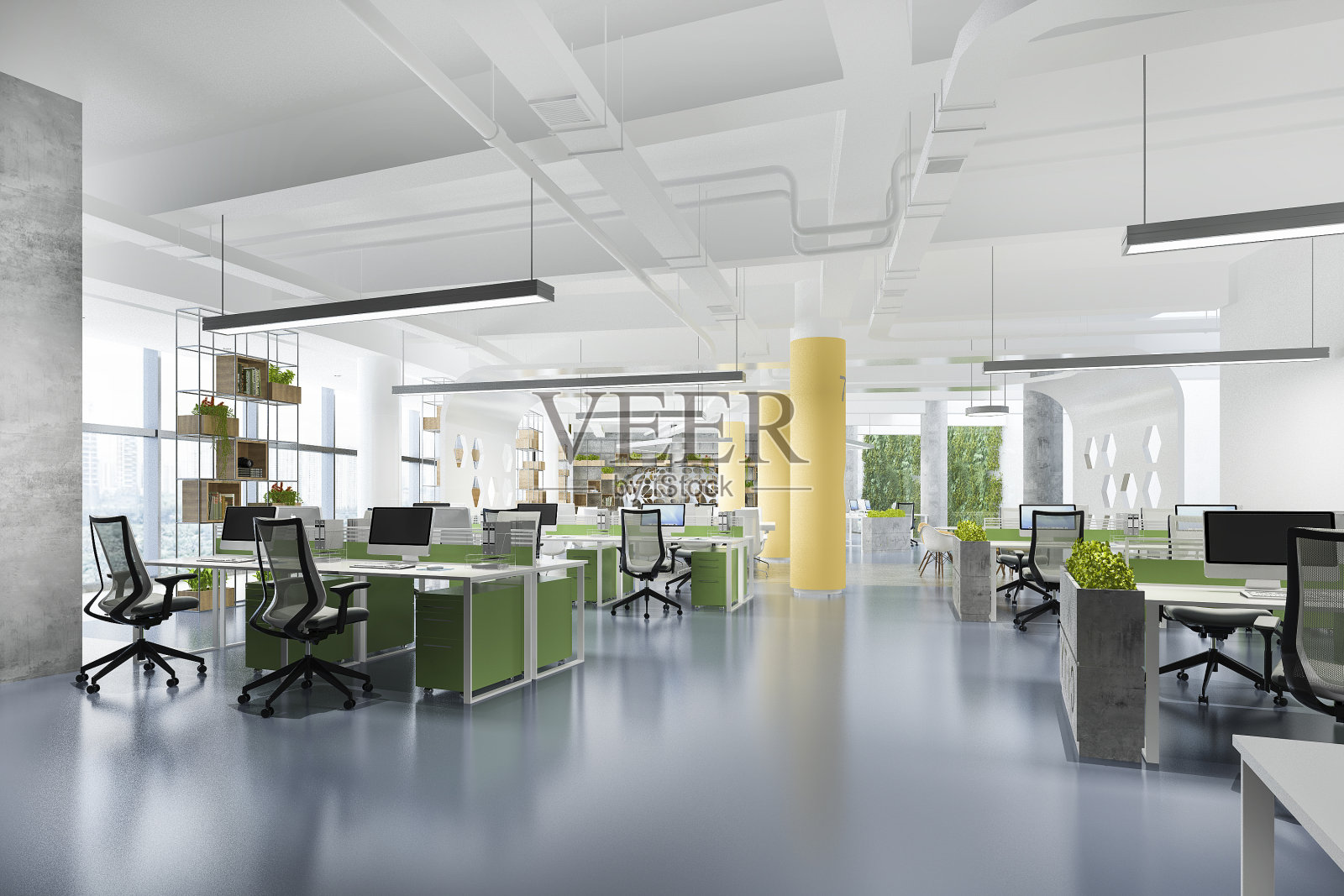 办公大楼的商务会议和工作室三维效果图，绿色和黄色装饰照片摄影图片