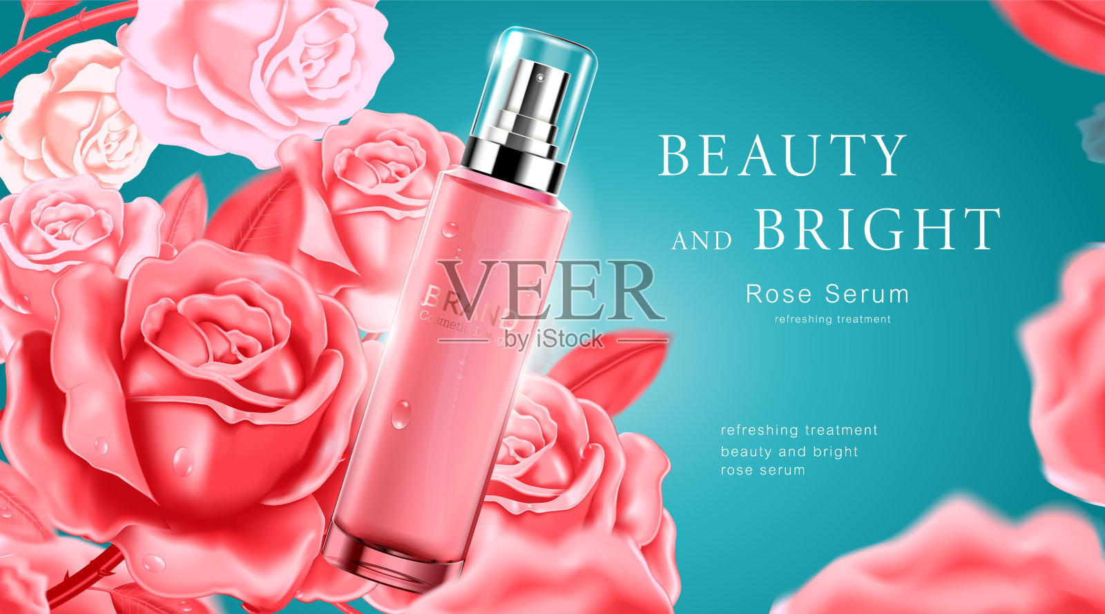 豪华化妆品瓶包装护肤霜，美妆产品海报，以玫瑰和蓝色背景设计模板素材