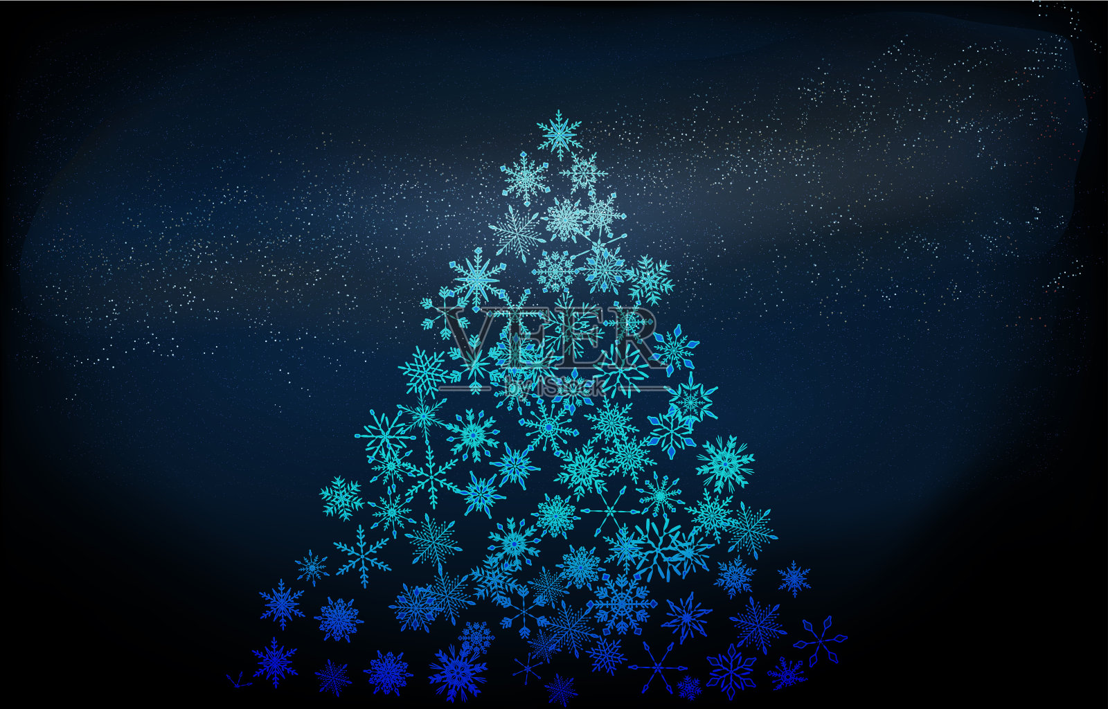 背景材料:圣诞树由雪和星空组成，蓝色渐变版插画图片素材