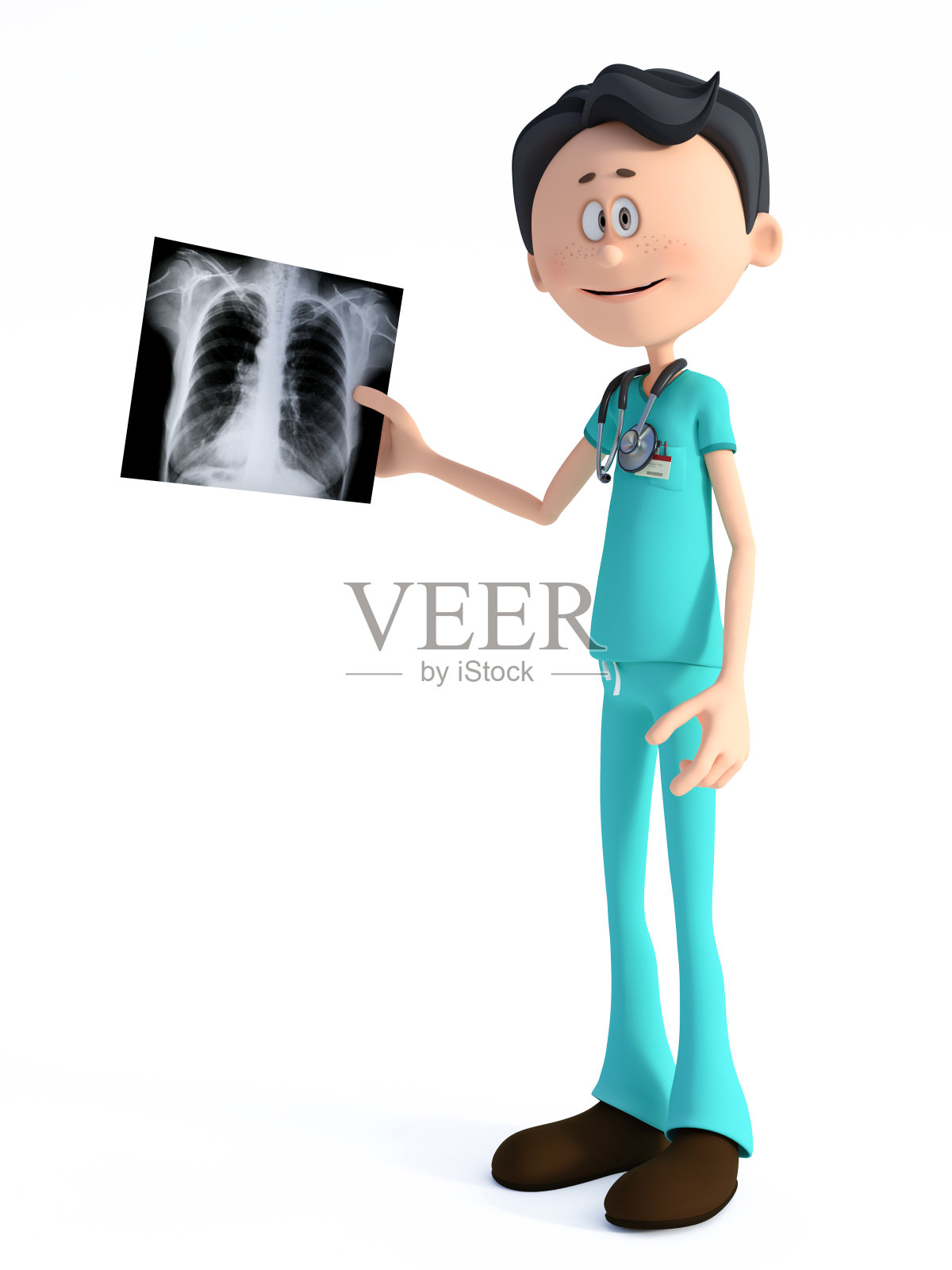 卡通医生手持x射线图像的3D渲染。照片摄影图片