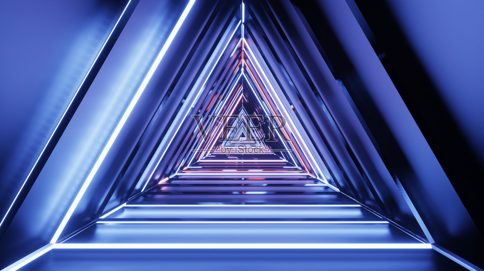 抽象的未来主义三角形走廊，荧光紫外线，彩色激光霓虹线，几何无尽的隧道，蓝粉色光谱，3d插图照片摄影图片