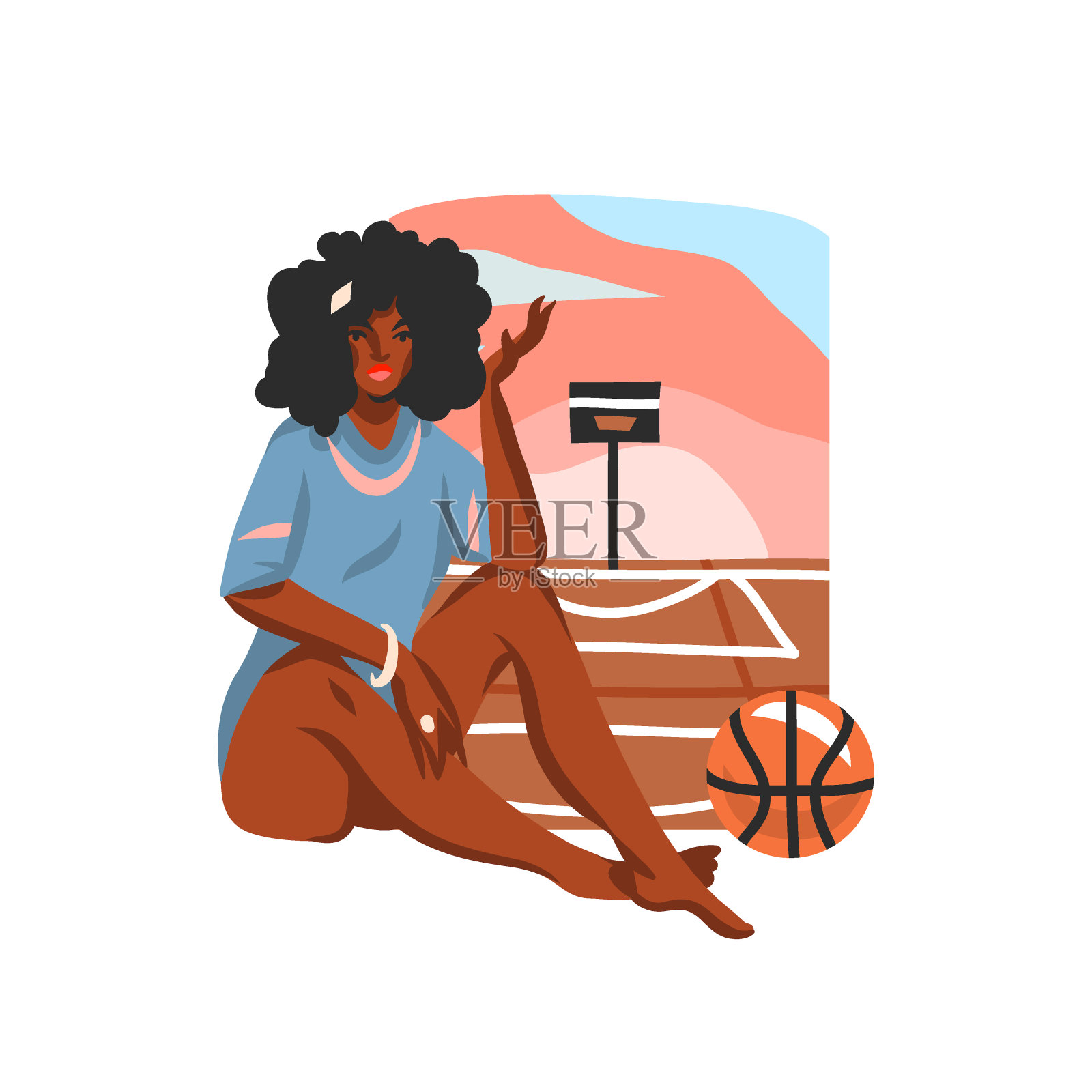 手绘矢量平面股票图形插图与年轻快乐的黑人美国黑人美女坐在街头篮球场的场景，孤立在白色的背景插画图片素材