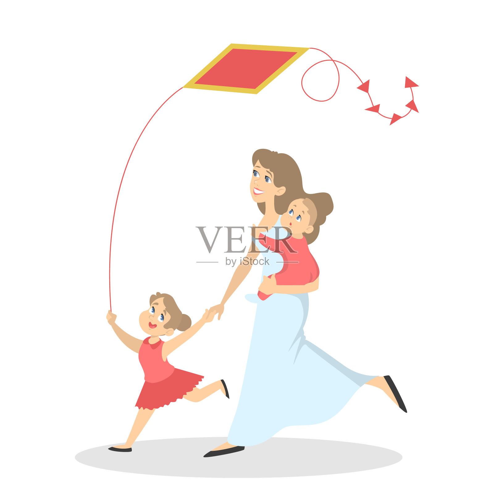 快乐的家庭有乐趣。妈妈带着婴儿和孩子一起玩风筝。插画图片素材