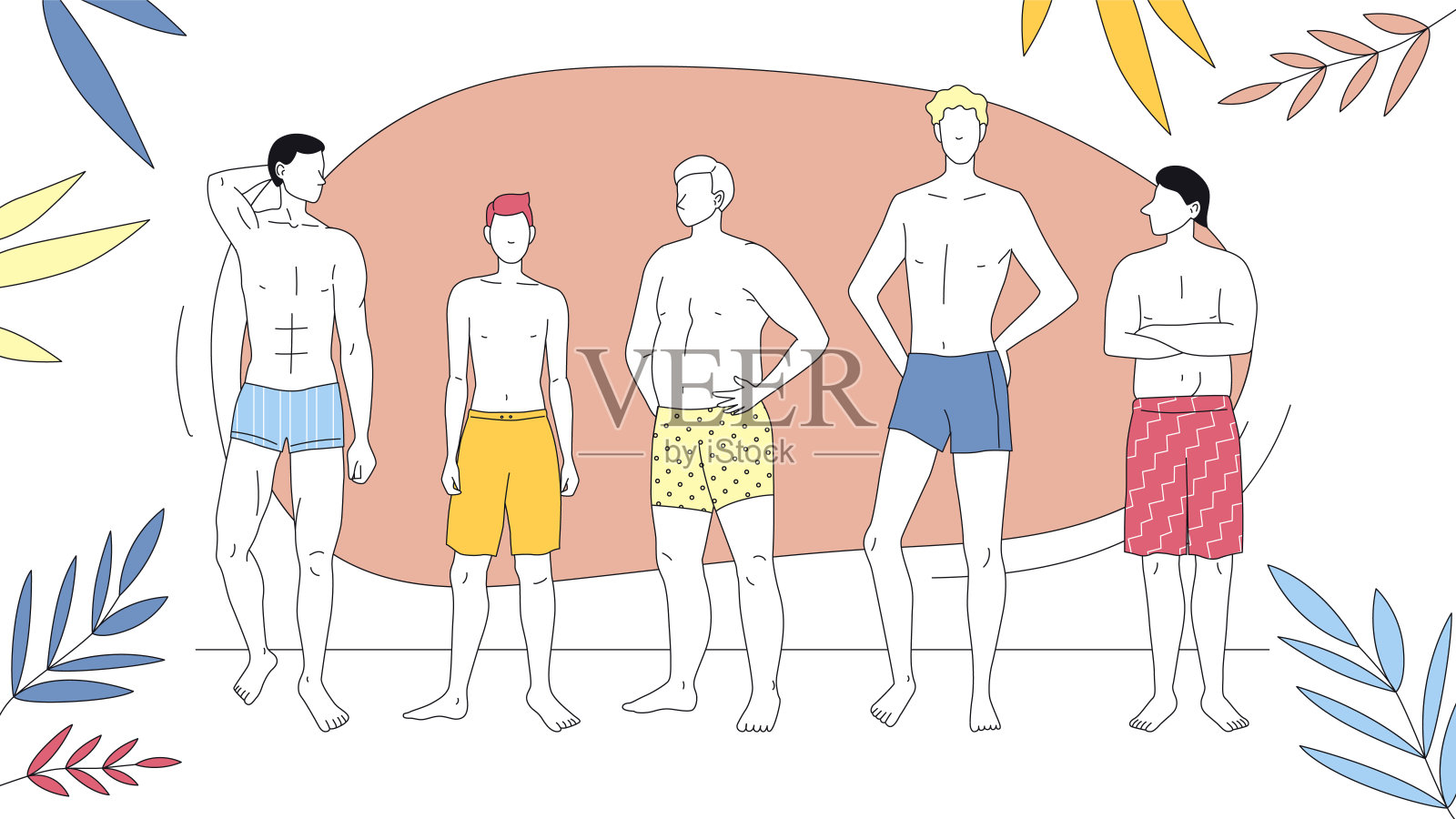 暑假的概念，美丽和时尚。一群穿着泳衣的男人站成一排。抽象背景下的美丽男孩。卡通线性轮廓扁平风格。矢量图设计元素图片