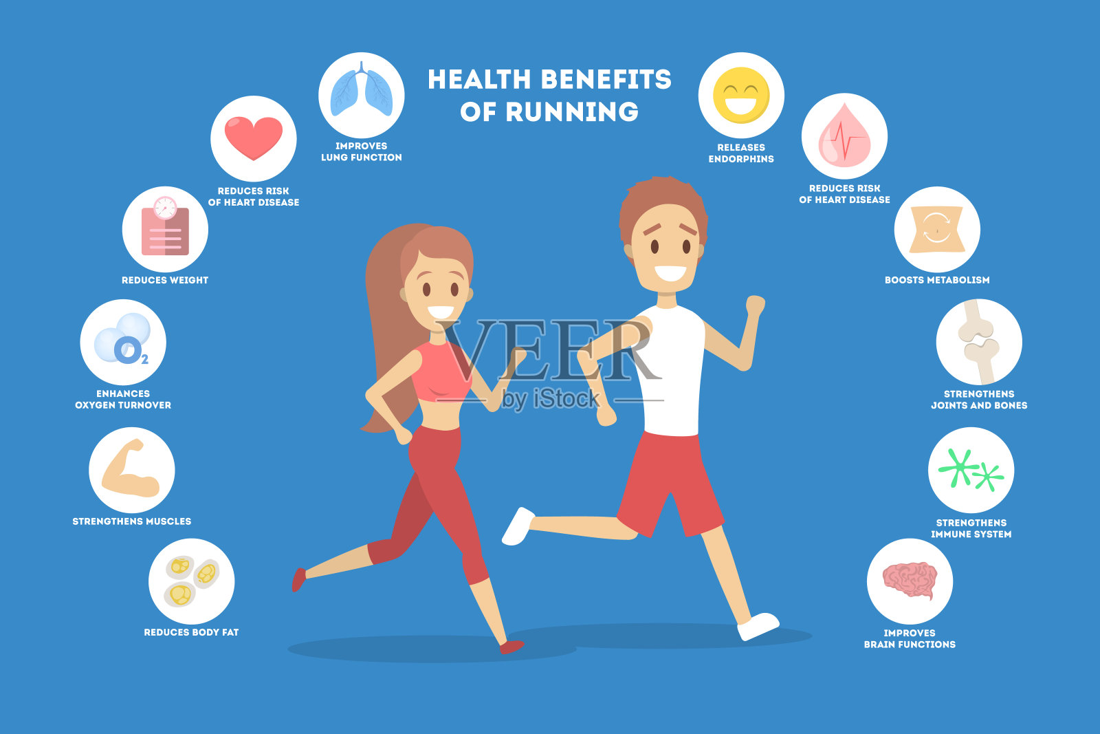跑步或慢跑的好处信息图表。健康积极的生活方式。插画图片素材