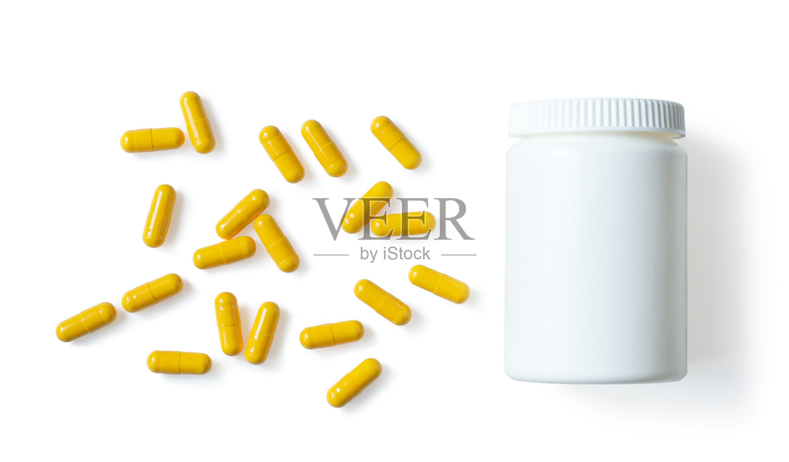一个装着黄色药丸的白色瓶子。在白色背景上分离的药物模板。医学模型。照片摄影图片