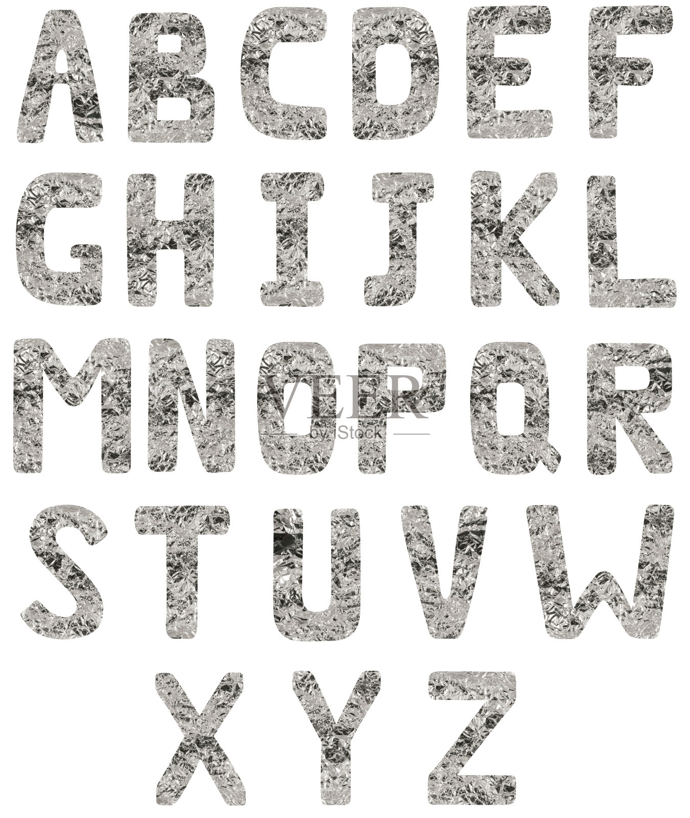 孤立的一套字体英文或拉丁字母A-Z制成的皱巴巴的钛箔在白色的背景照片摄影图片