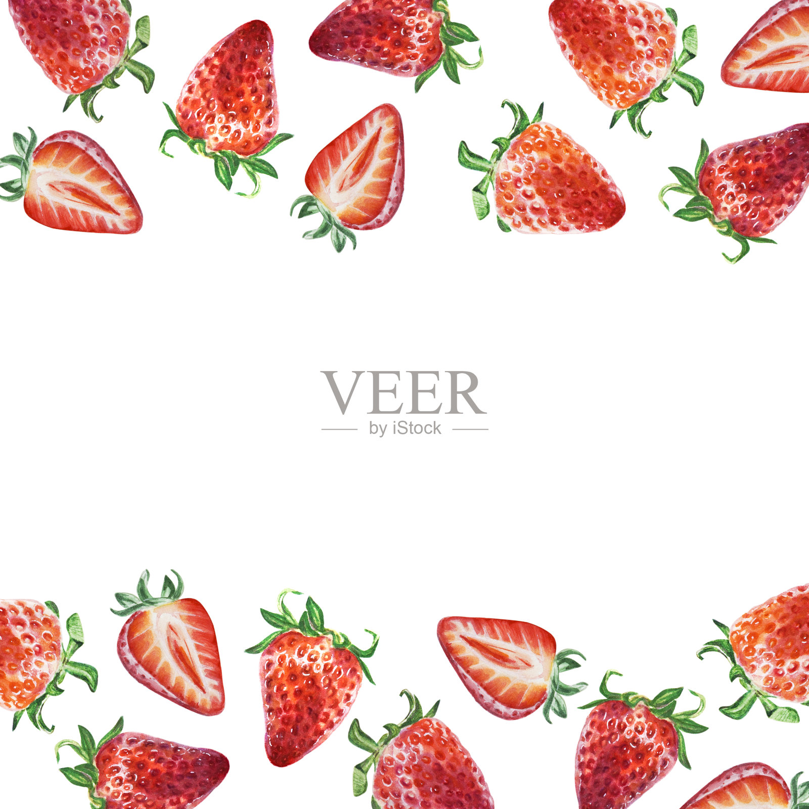水彩框架模板红色多汁草莓与一半的浆果。手绘食物插图。水果打印。插画图片素材